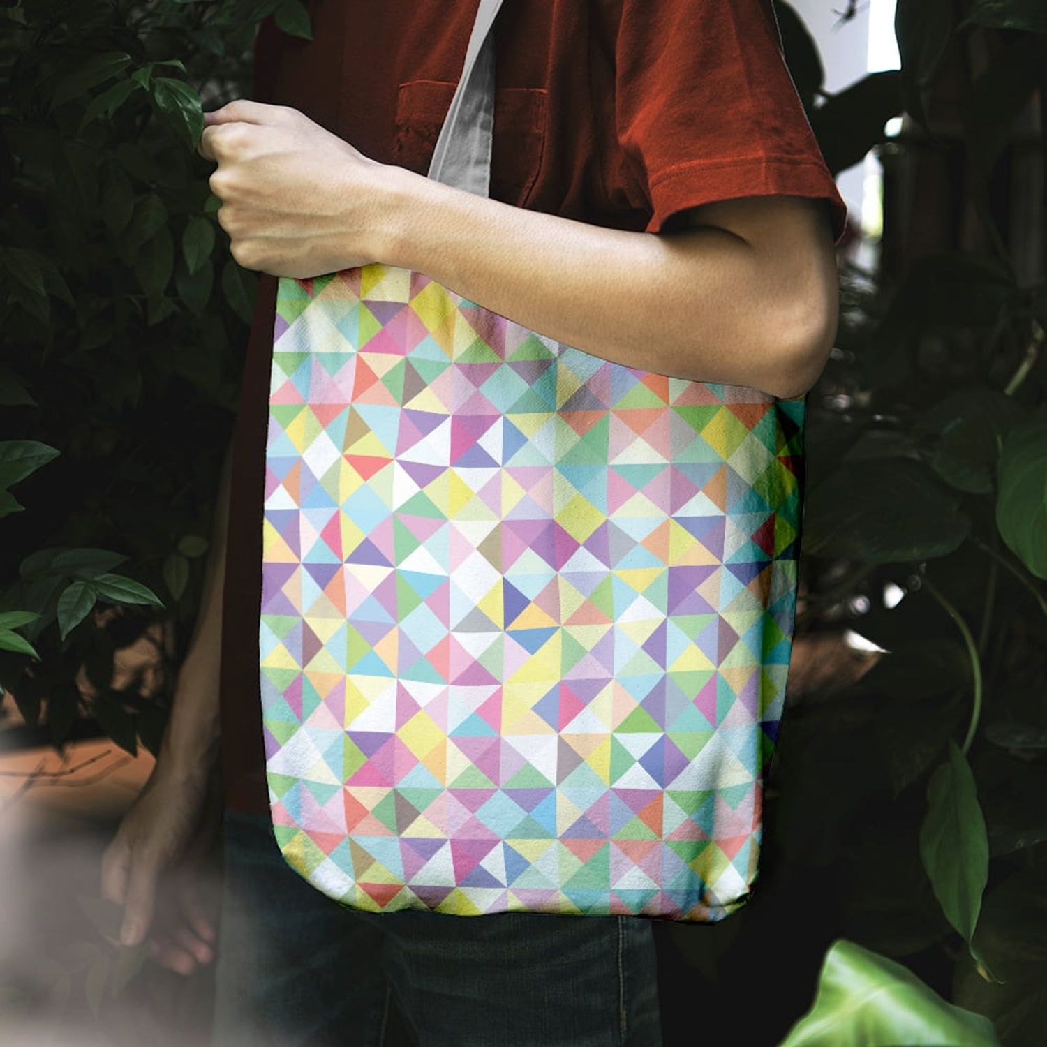 Geanta Handmade Tote Liner cu Captuseala, Abstract Abundenta de Triunghiuri Subtile, Multicolor, 45x37 cm fotografia produsului View 6 L
