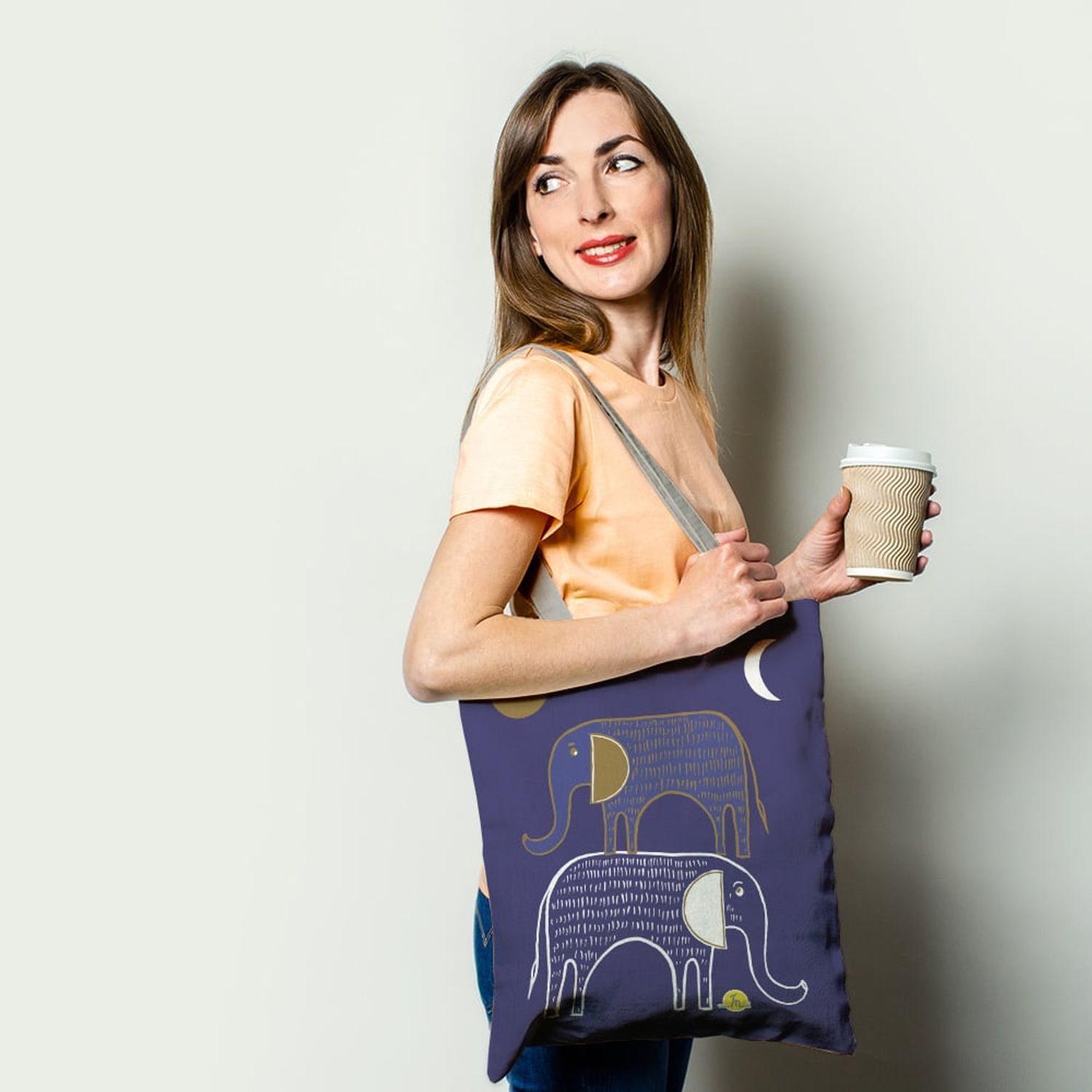 Geanta Handmade Tote Basic, Desen Abstract 2 Elefanti, Multicolor, 43x37 cm fotografia produsului View 2 L