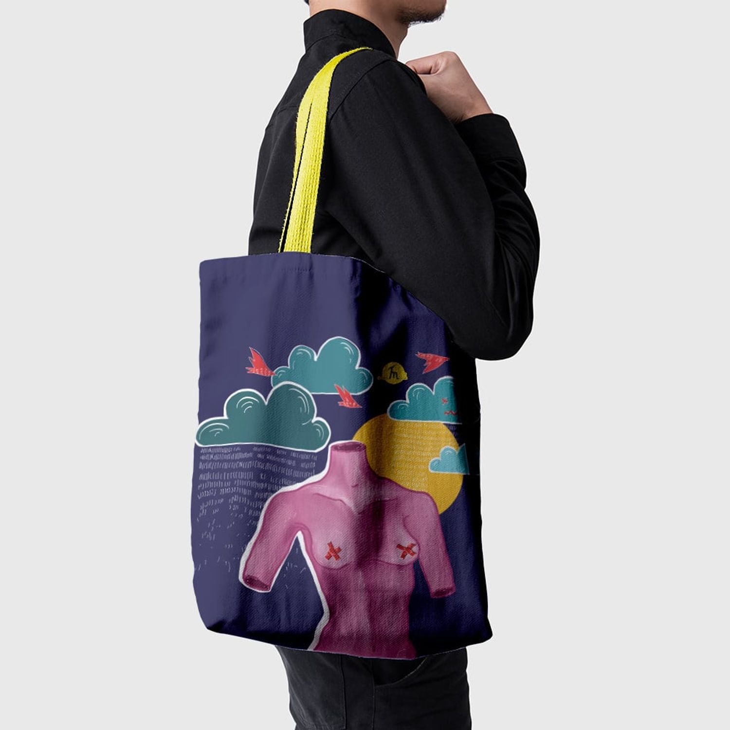 Geanta Handmade Tote Basic, Afrodita Bust, Nori si Ploaie, Multicolor, 43x37 cm fotografia produsului View 3 L