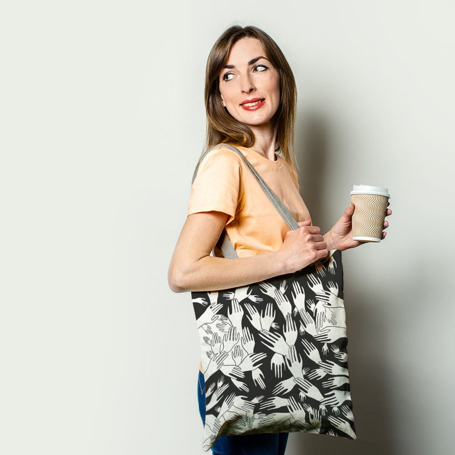 Geanta Handmade Tote Basic, Aglomeratie de Maini Alb Negru, Multicolor, 43x37 cm fotografia produsului View 2 L