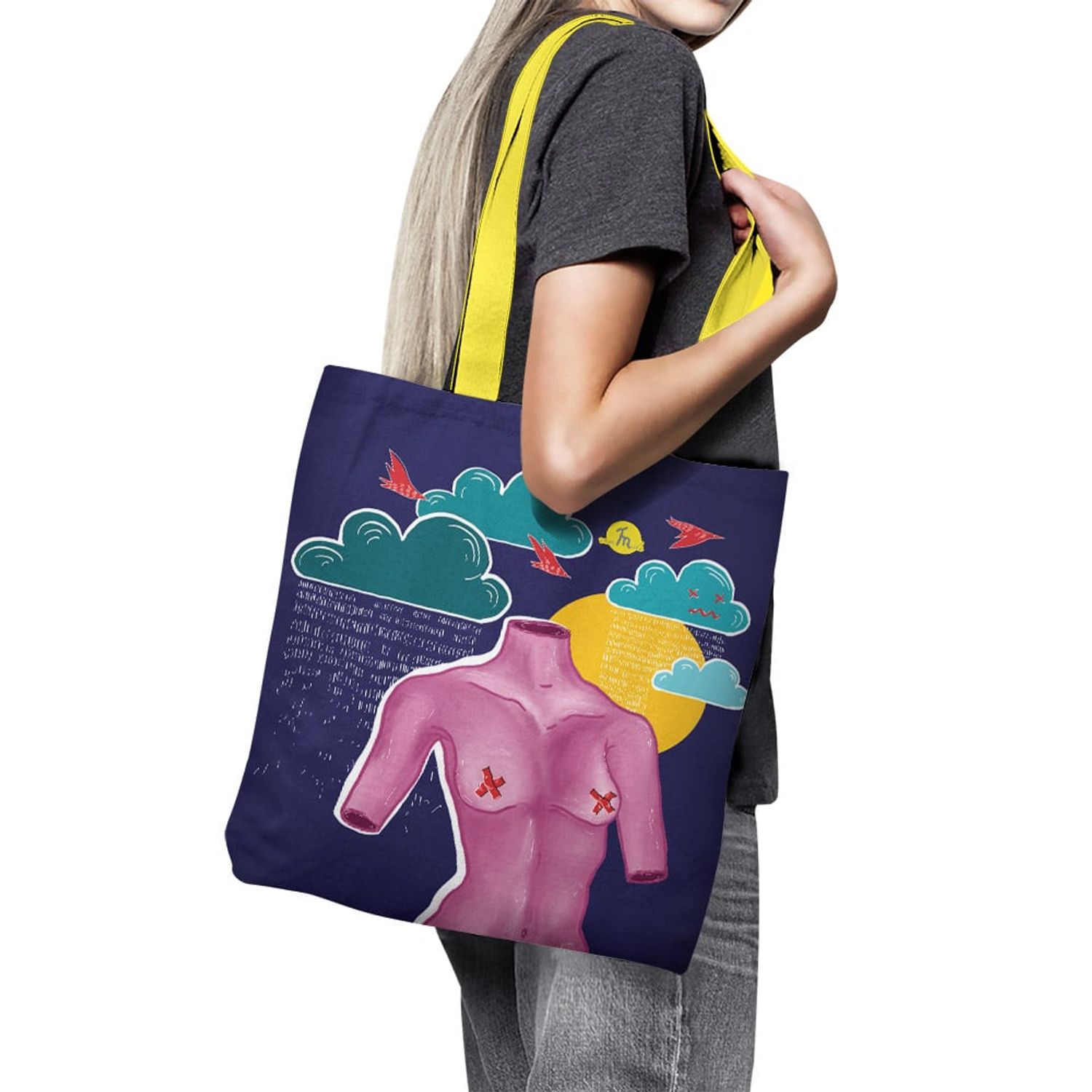 Geanta Handmade Tote Basic, Afrodita Bust, Nori si Ploaie, Multicolor, 43x37 cm fotografia produsului View 6 L