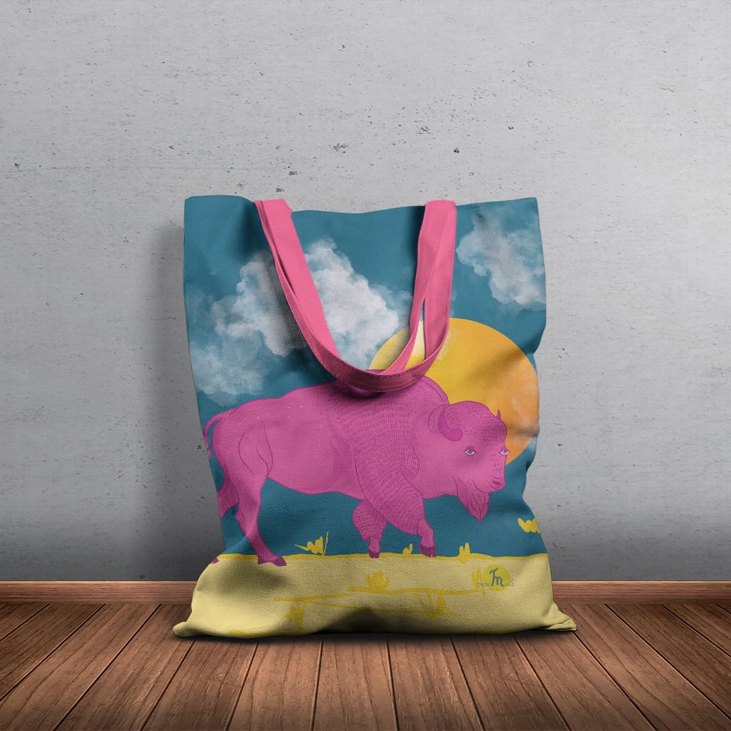 Geanta Handmade Tote Basic, Bivol Mov la Apus, Multicolor, 43x37 cm fotografia produsului View 6 L
