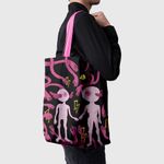 Geanta Handmade Tote Basic, Adam si Eva Extraterestii de pe Marte, Multicolor, 43x37 cm fotografia produsului View 3 S