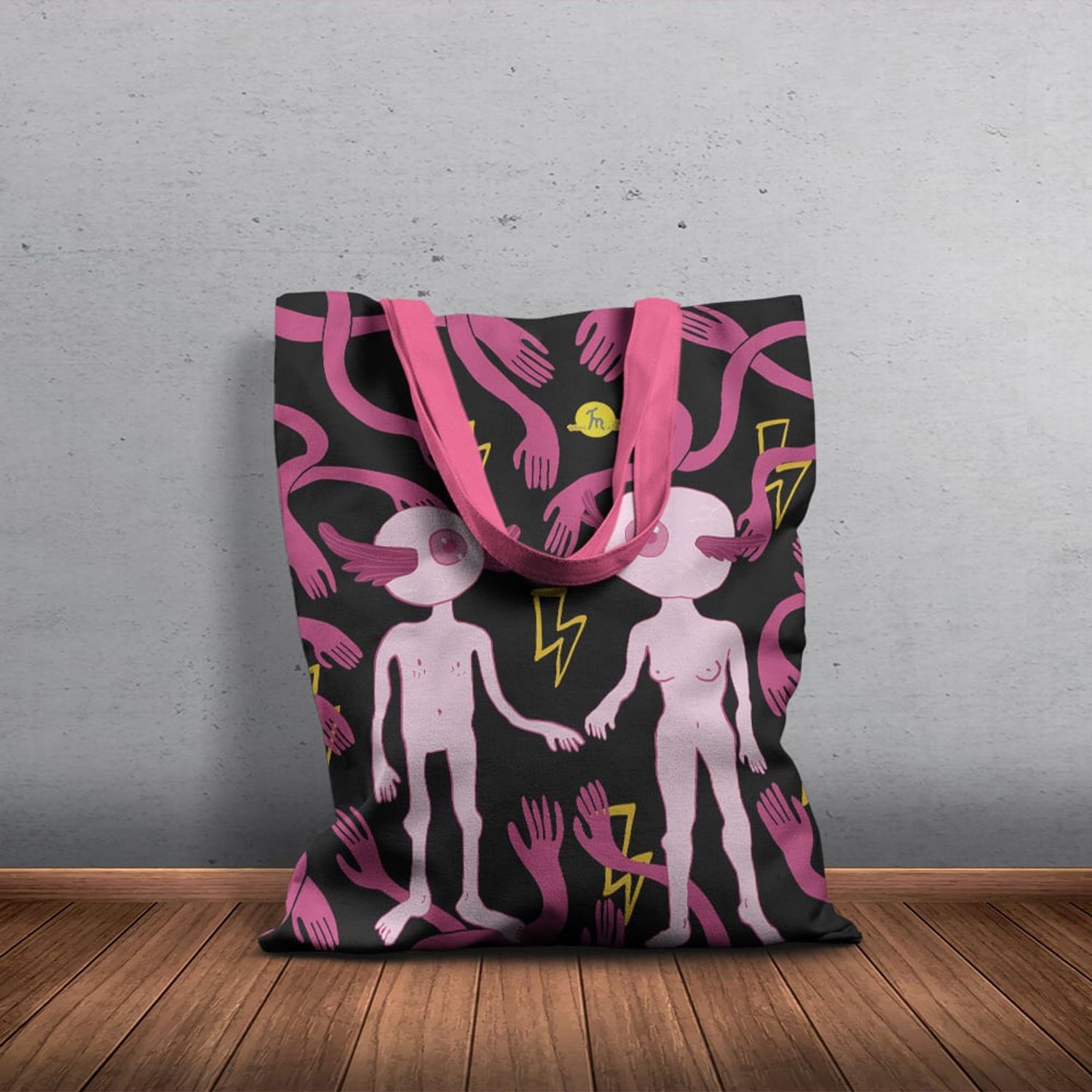 Geanta Handmade Tote Basic, Adam si Eva Extraterestii de pe Marte, Multicolor, 43x37 cm fotografia produsului View 5 L