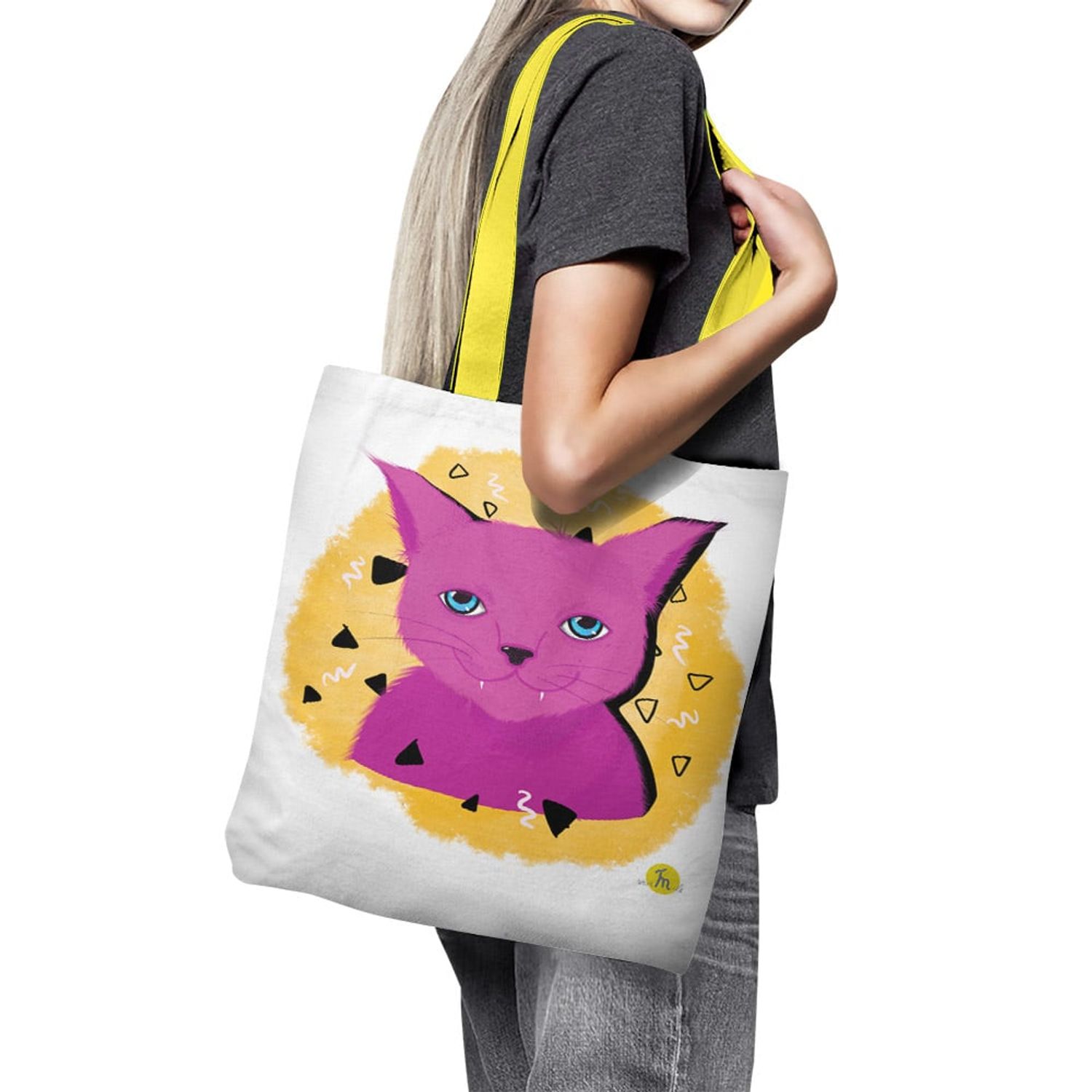 Geanta Handmade Tote Basic, Pisica Cosmica Violet cu Ochi Albastri, Multicolor, 43x37 cm fotografia produsului View 3 L