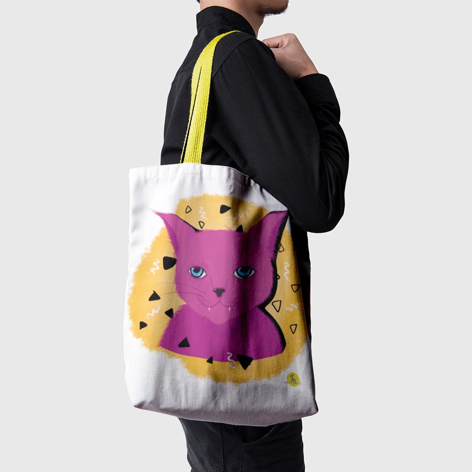 Geanta Handmade Tote Basic, Pisica Cosmica Violet cu Ochi Albastri, Multicolor, 43x37 cm fotografia produsului View 5 L