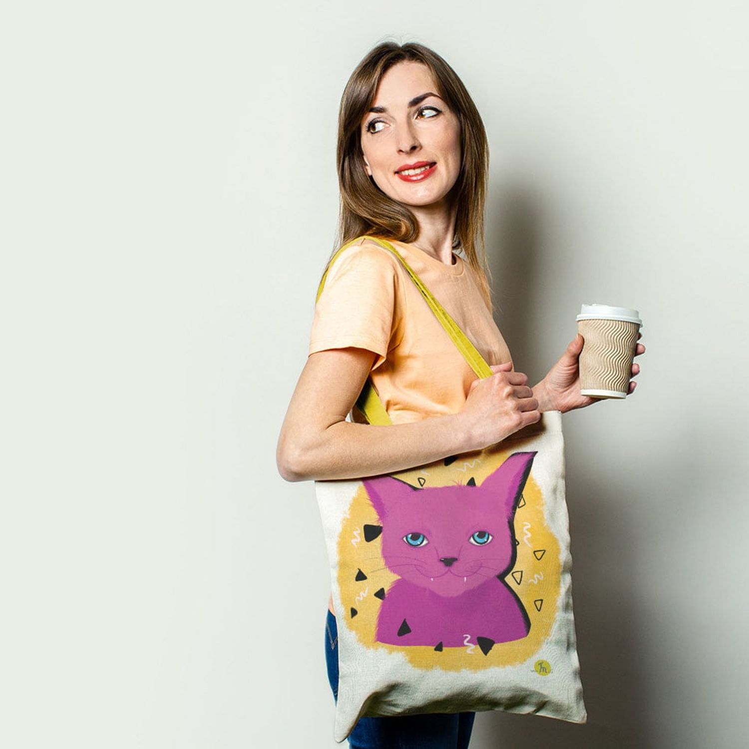 Geanta Handmade Tote Basic, Pisica Cosmica Violet cu Ochi Albastri, Multicolor, 43x37 cm fotografia produsului View 2 L