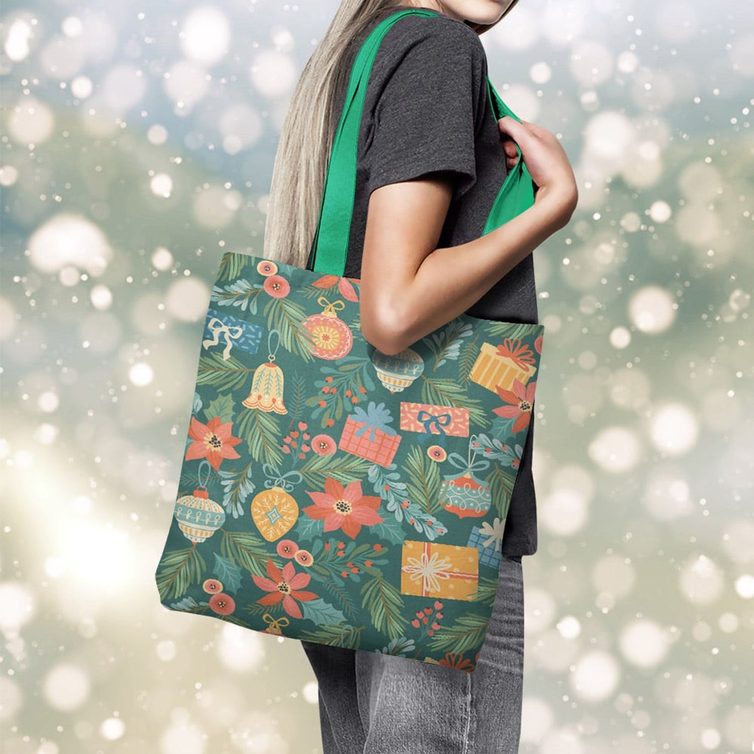 Geanta Handmade Tote Basic, Globuri si Cadouri de Craciun, Multicolor, 43x37 cm fotografia produsului View 3 L