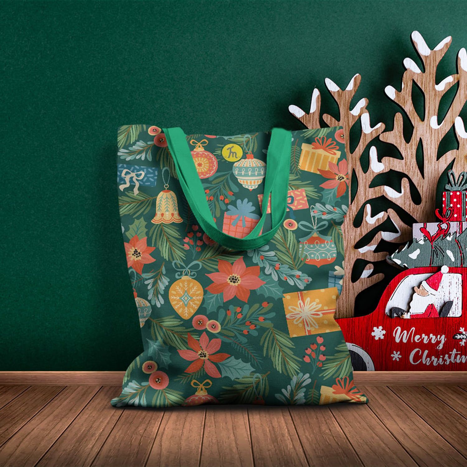 Geanta Handmade Tote Basic, Globuri si Cadouri de Craciun, Multicolor, 43x37 cm fotografia produsului View 5 L