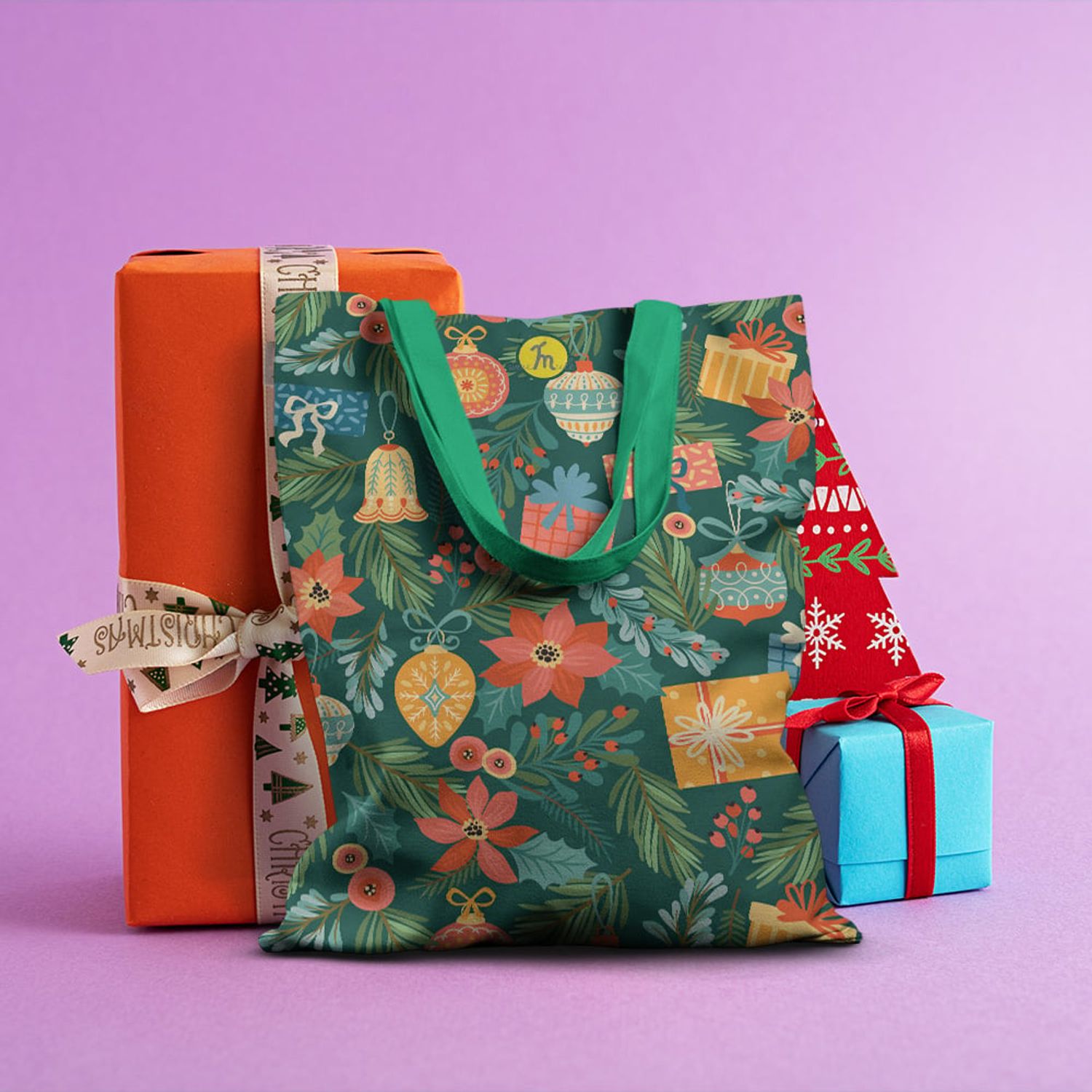 Geanta Handmade Tote Basic, Globuri si Cadouri de Craciun, Multicolor, 43x37 cm fotografia produsului View 6 L