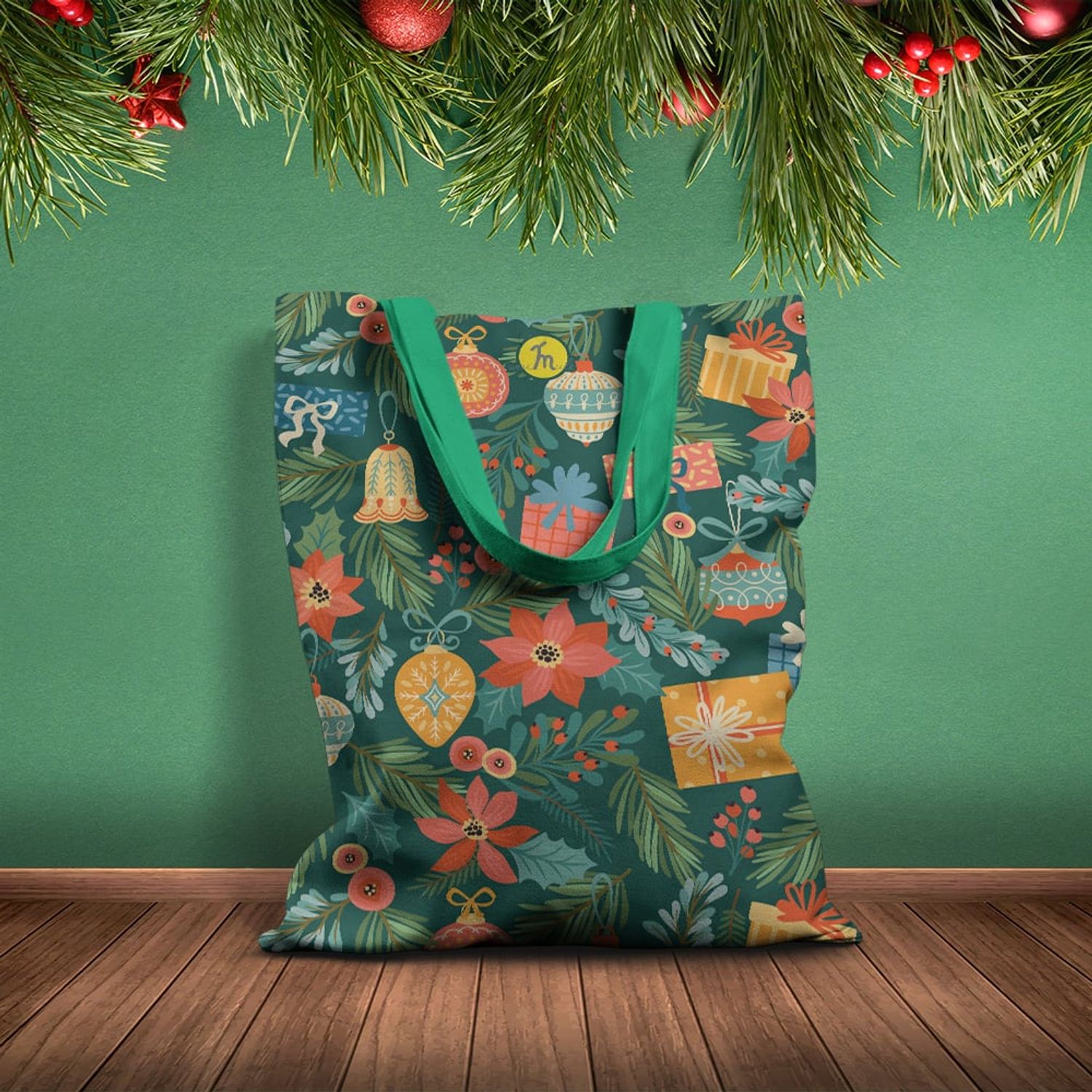 Geanta Handmade Tote Basic, Globuri si Cadouri de Craciun, Multicolor, 43x37 cm fotografia produsului View 2 L
