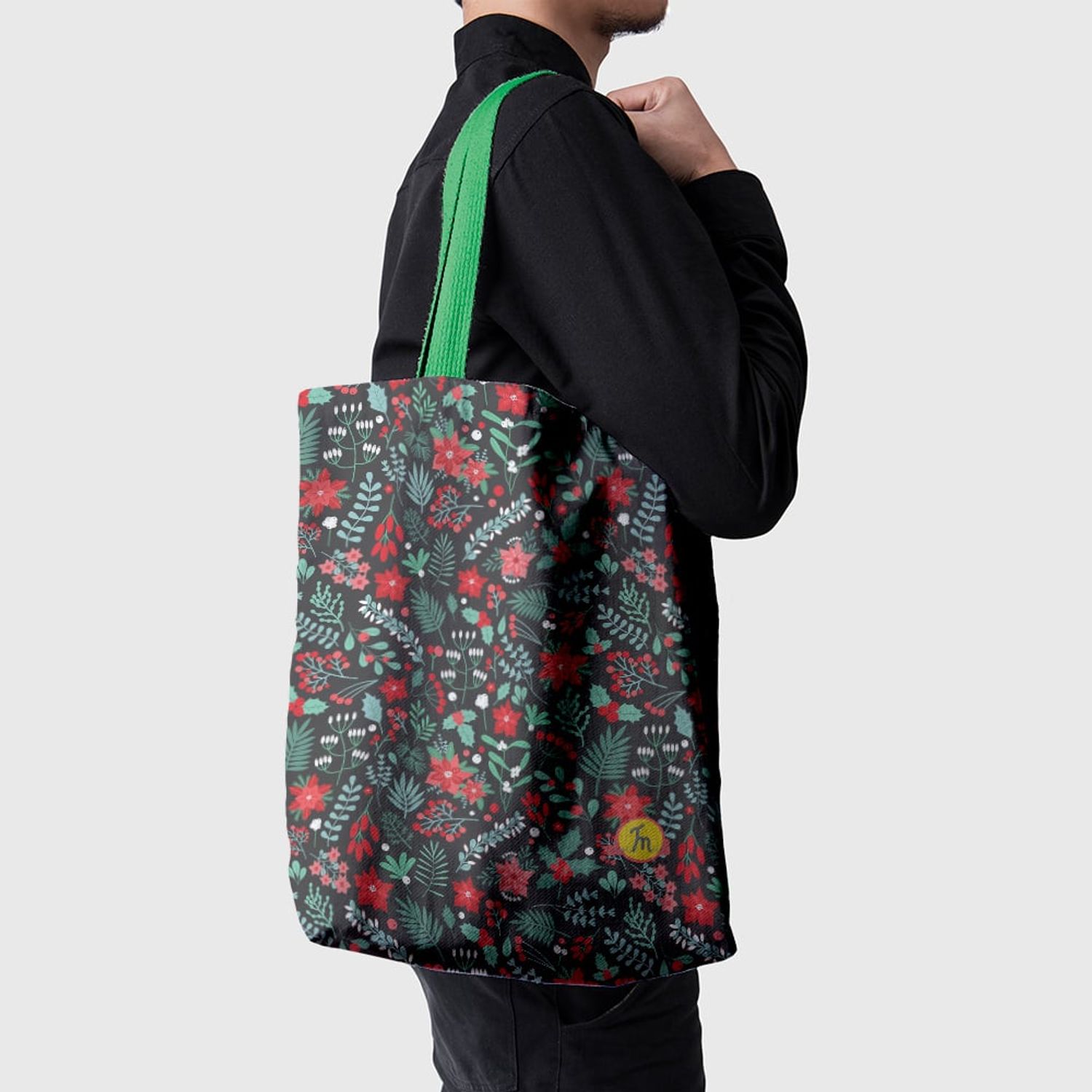 Geanta Handmade Tote Basic, Pattern cu Plante si Flori, Multicolor, 43x37 cm fotografia produsului View 4 L