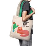 Geanta Handmade Tote Basic, Pisica si Cactus, Multicolor, 43x37 cm fotografia produsului View 2 S