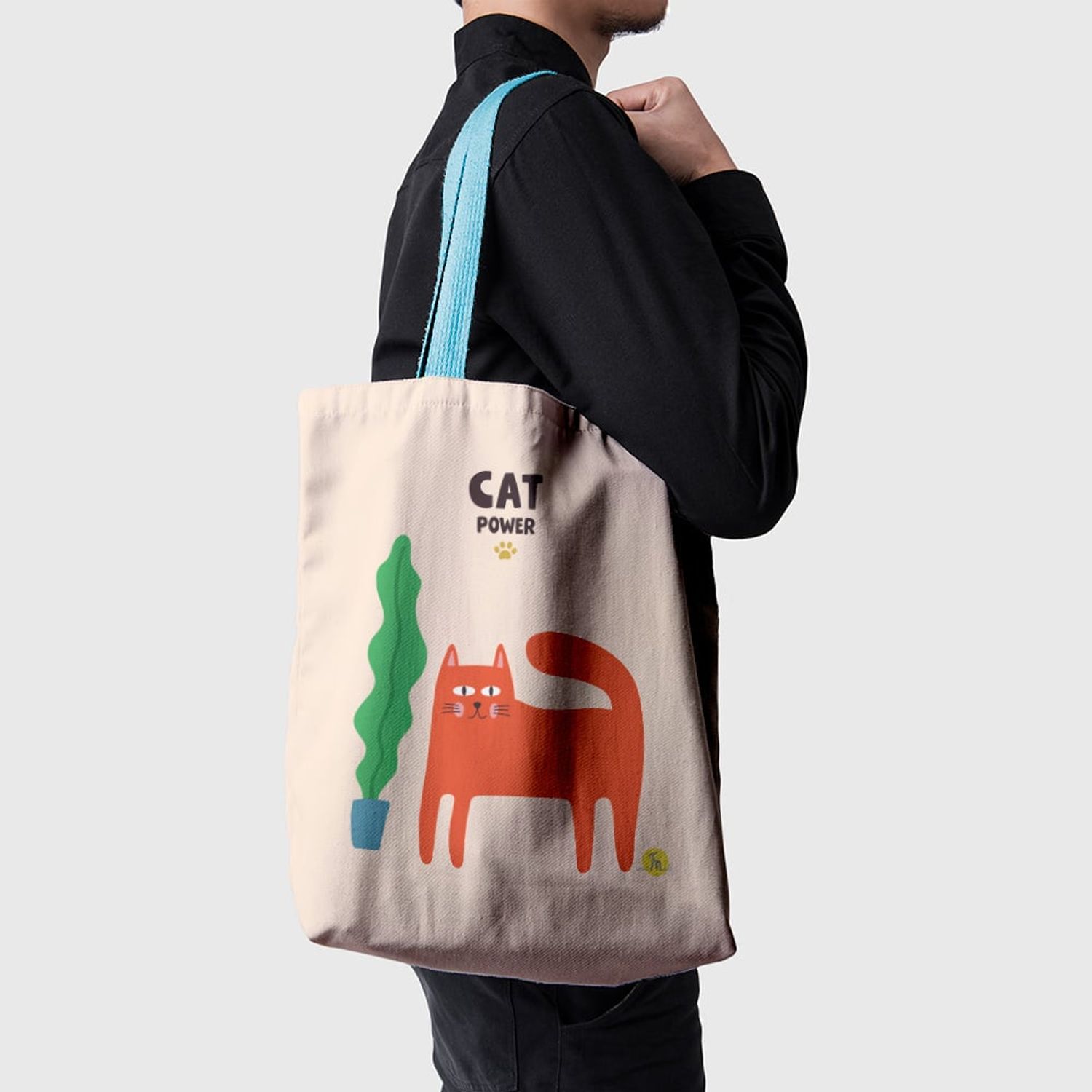Geanta Handmade Tote Basic, Cat Power Pisica si Ghiveci cu Planta, Multicolor, 43x37 cm fotografia produsului View 4 L