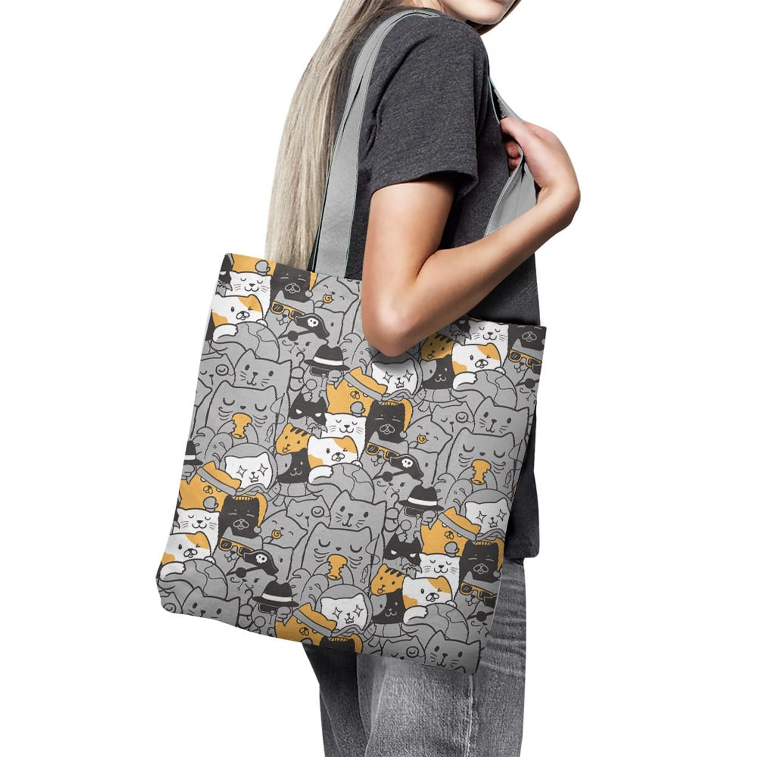 Geanta Handmade Tote Basic, Pisicile la Job, Multicolor, 43x37 cm fotografia produsului View 3 L