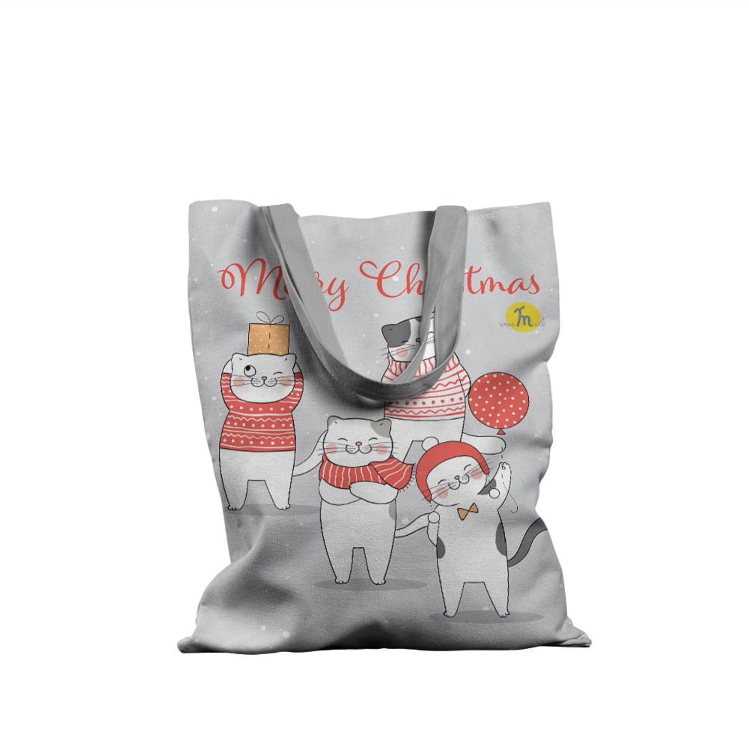 Geanta Handmade Tote Basic, Merry Christmas Urare de Craciun cu Pisici, Multicolor, 43x37 cm fotografia produsului