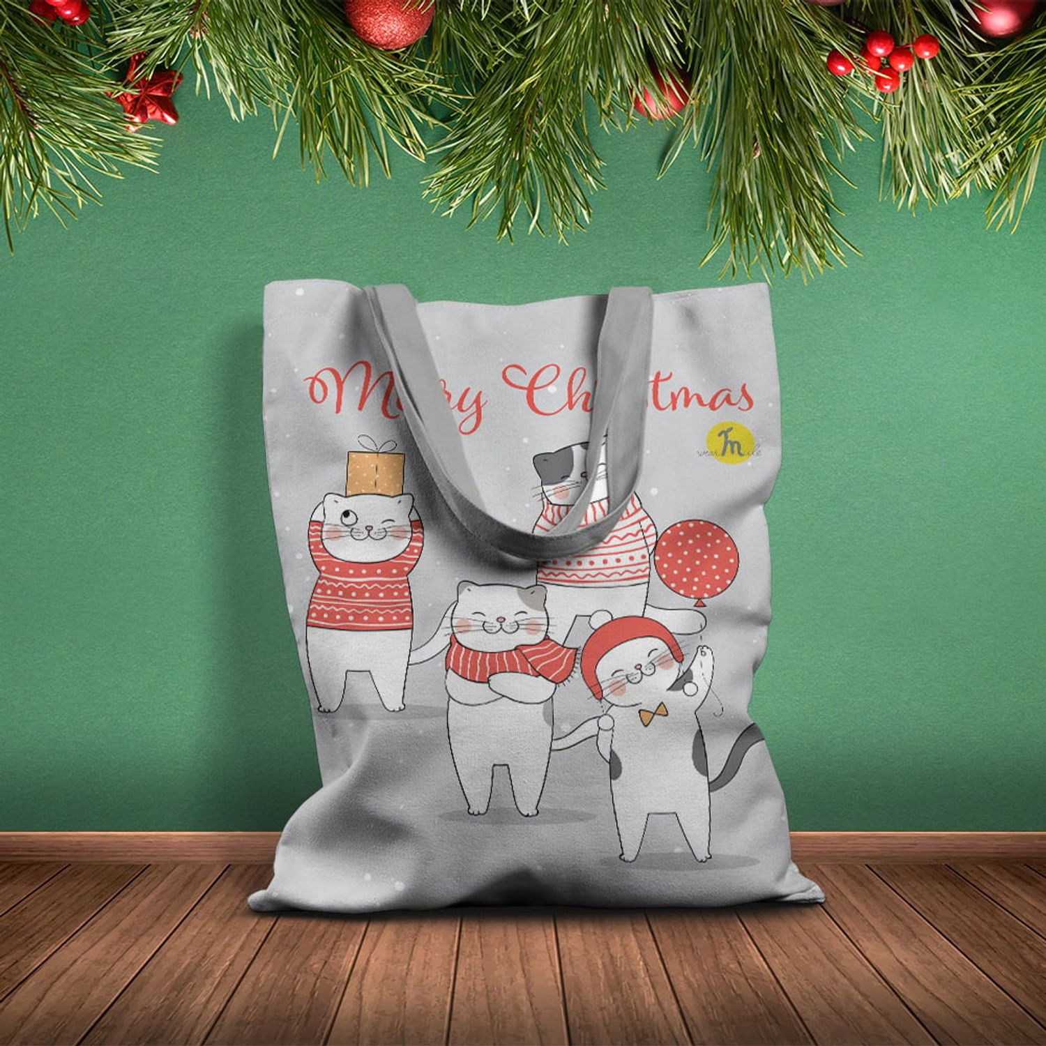 Geanta Handmade Tote Basic, Merry Christmas Urare de Craciun cu Pisici, Multicolor, 43x37 cm fotografia produsului View 2 L