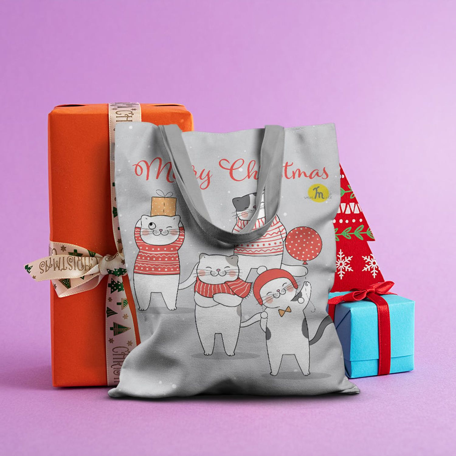 Geanta Handmade Tote Basic, Merry Christmas Urare de Craciun cu Pisici, Multicolor, 43x37 cm fotografia produsului View 5 L