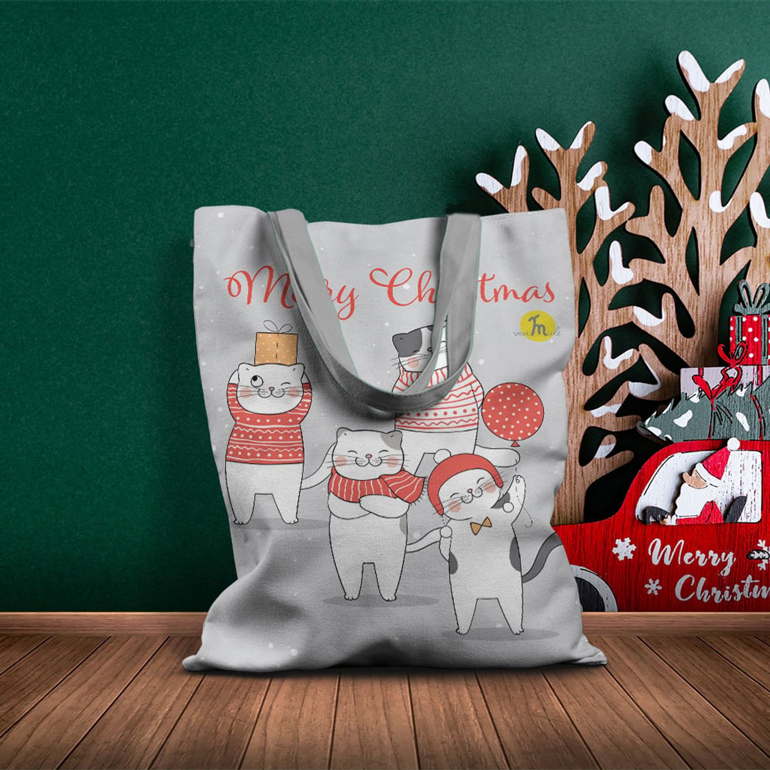 Geanta Handmade Tote Basic, Merry Christmas Urare de Craciun cu Pisici, Multicolor, 43x37 cm fotografia produsului View 6 L