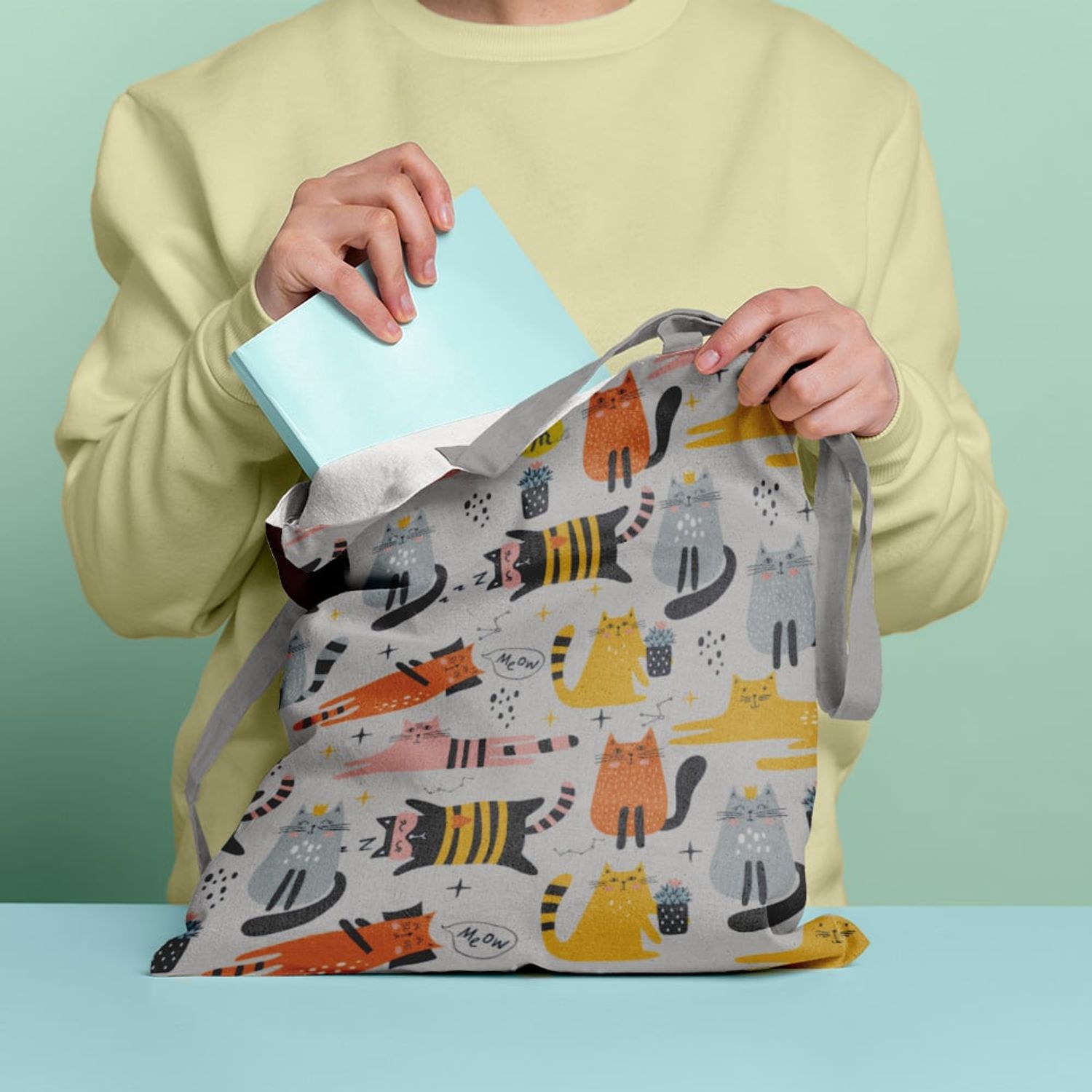 Geanta Handmade Tote Basic, Pisici Printese de Casa, Multicolor, 43x37 cm fotografia produsului View 6 L