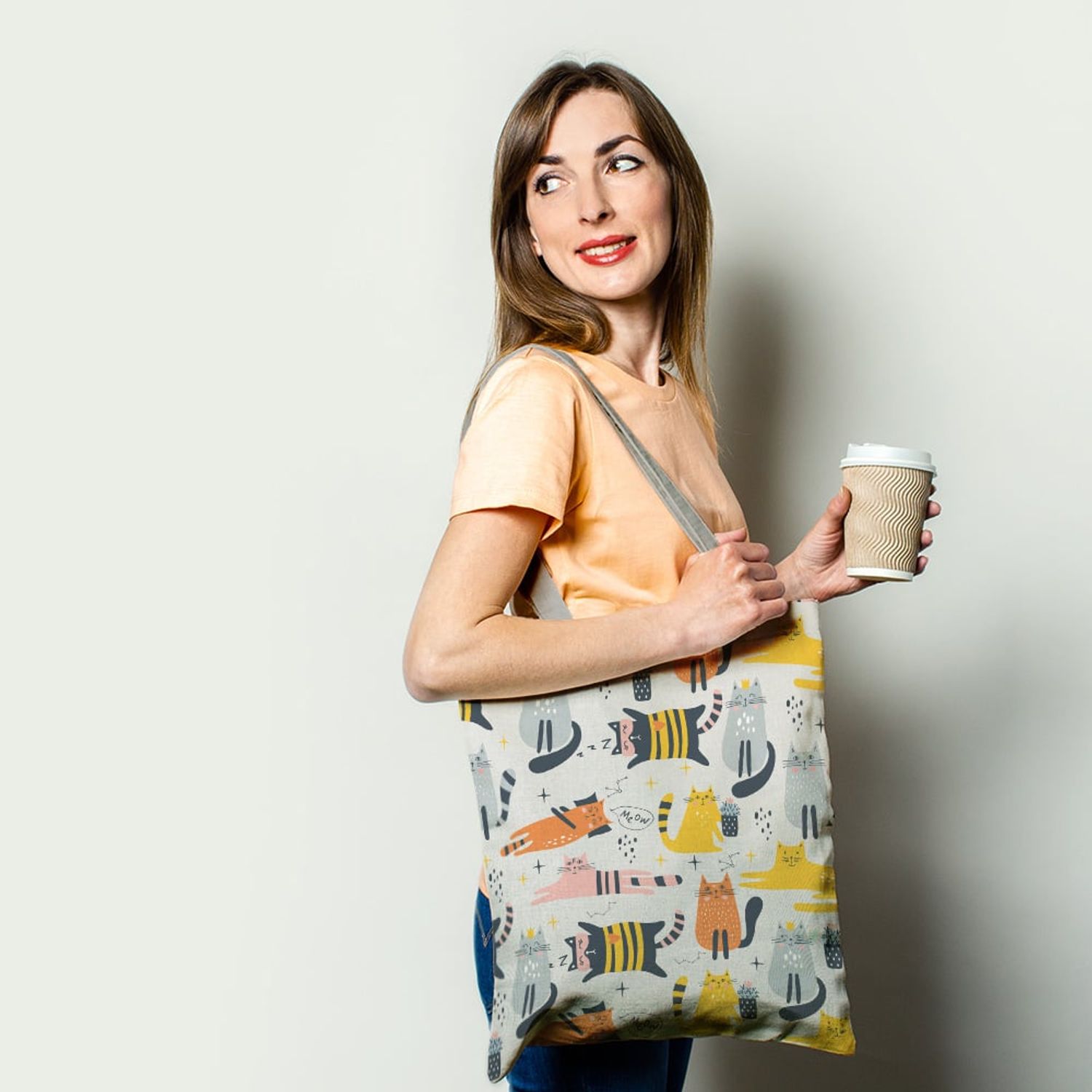 Geanta Handmade Tote Basic, Pisici Printese de Casa, Multicolor, 43x37 cm fotografia produsului View 2 L