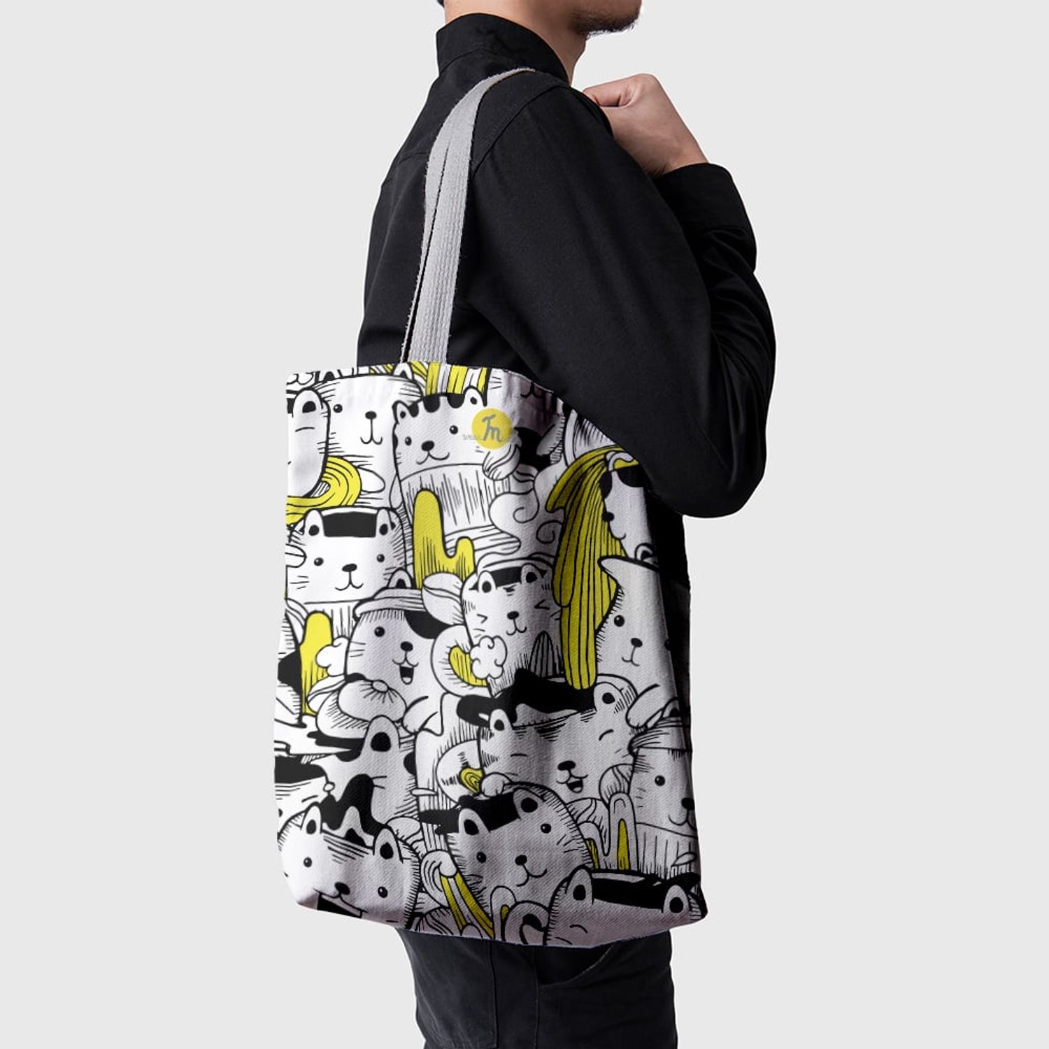 Geanta Handmade Tote Basic, Pisici cu Galben, 43x37 cm fotografia produsului View 3 L