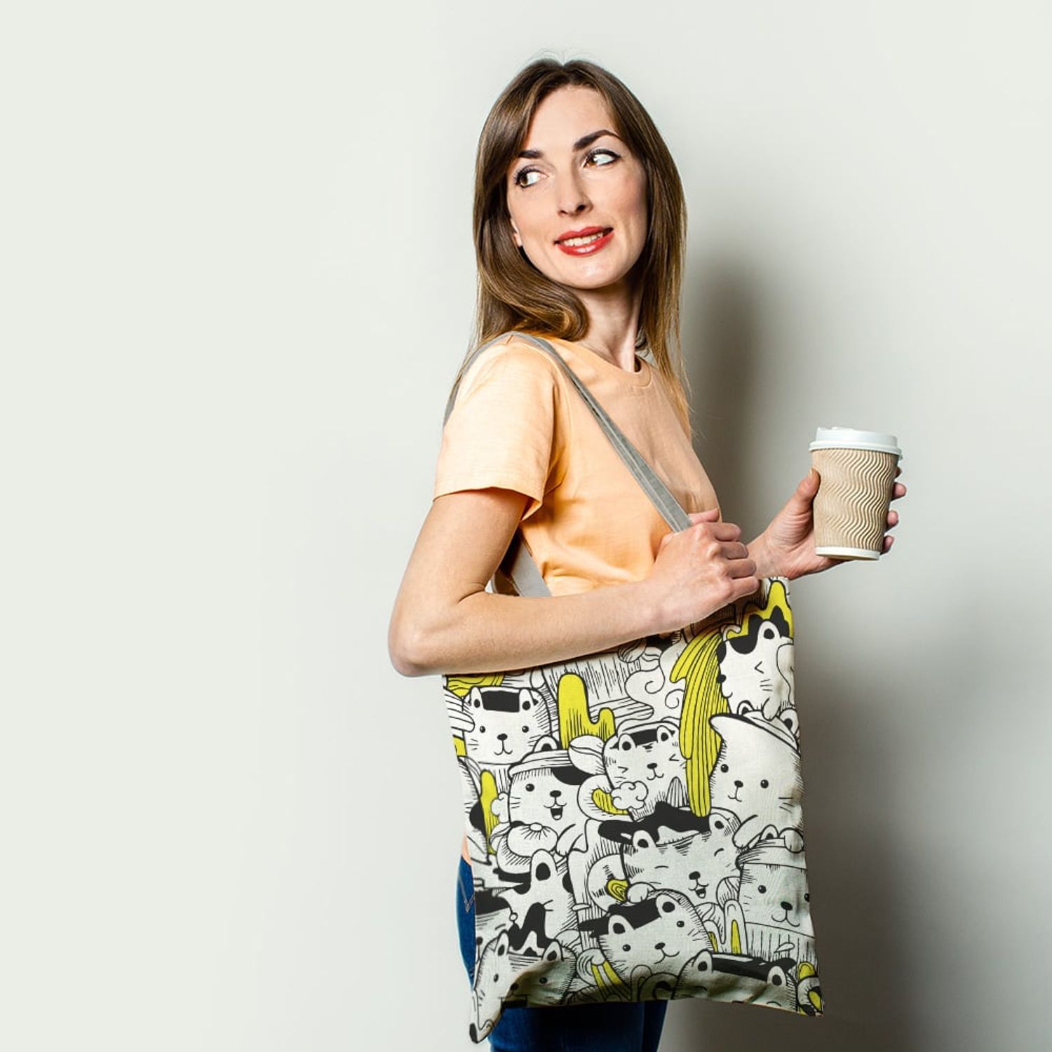 Geanta Handmade Tote Basic, Pisici cu Galben, 43x37 cm fotografia produsului View 2 L