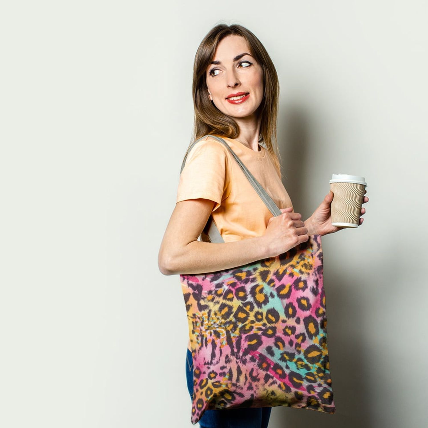 Geanta Handmade Tote Basic, Mulewear, Animal Print Leopard Multicolor, Multicolor, 43x37 cm fotografia produsului View 2 L