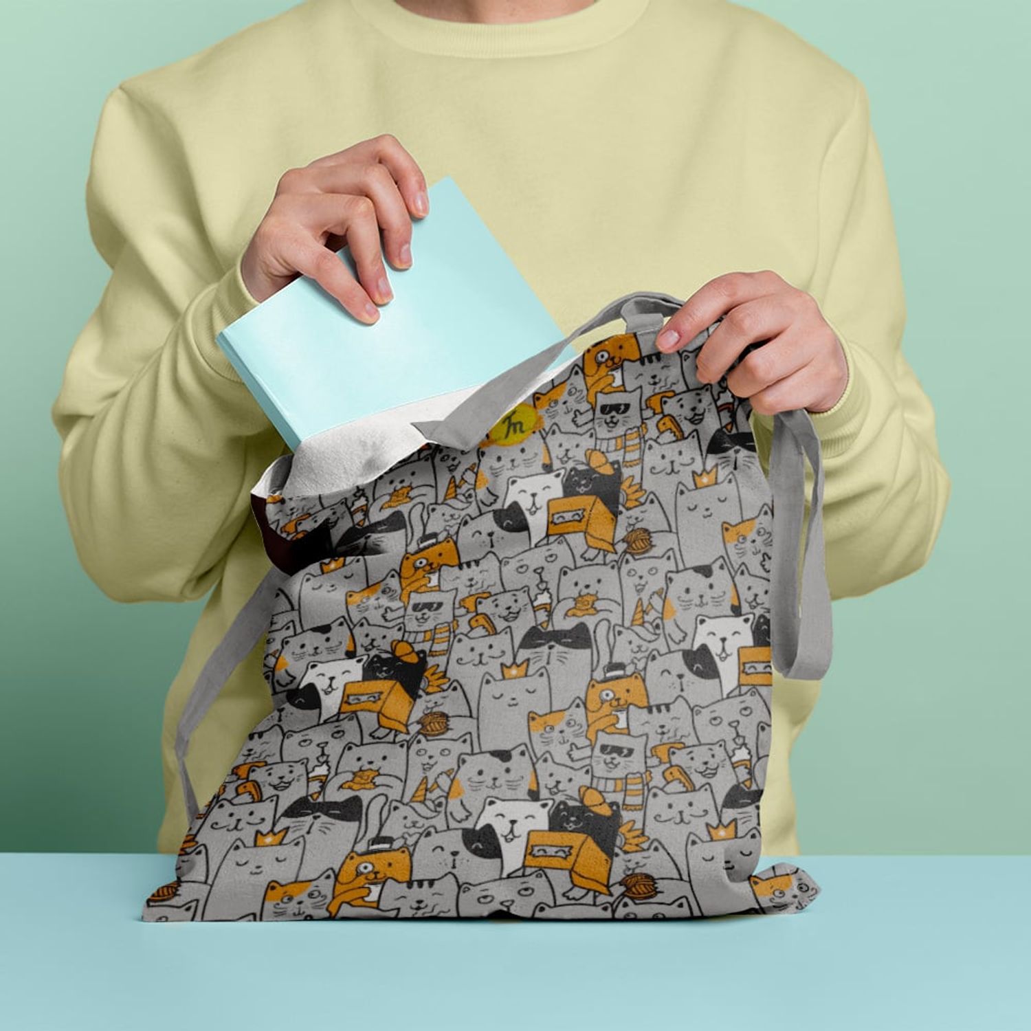 Geanta Handmade Tote Basic, Multitudine de Pisici, Multicolor, 43x37 cm fotografia produsului View 4 L