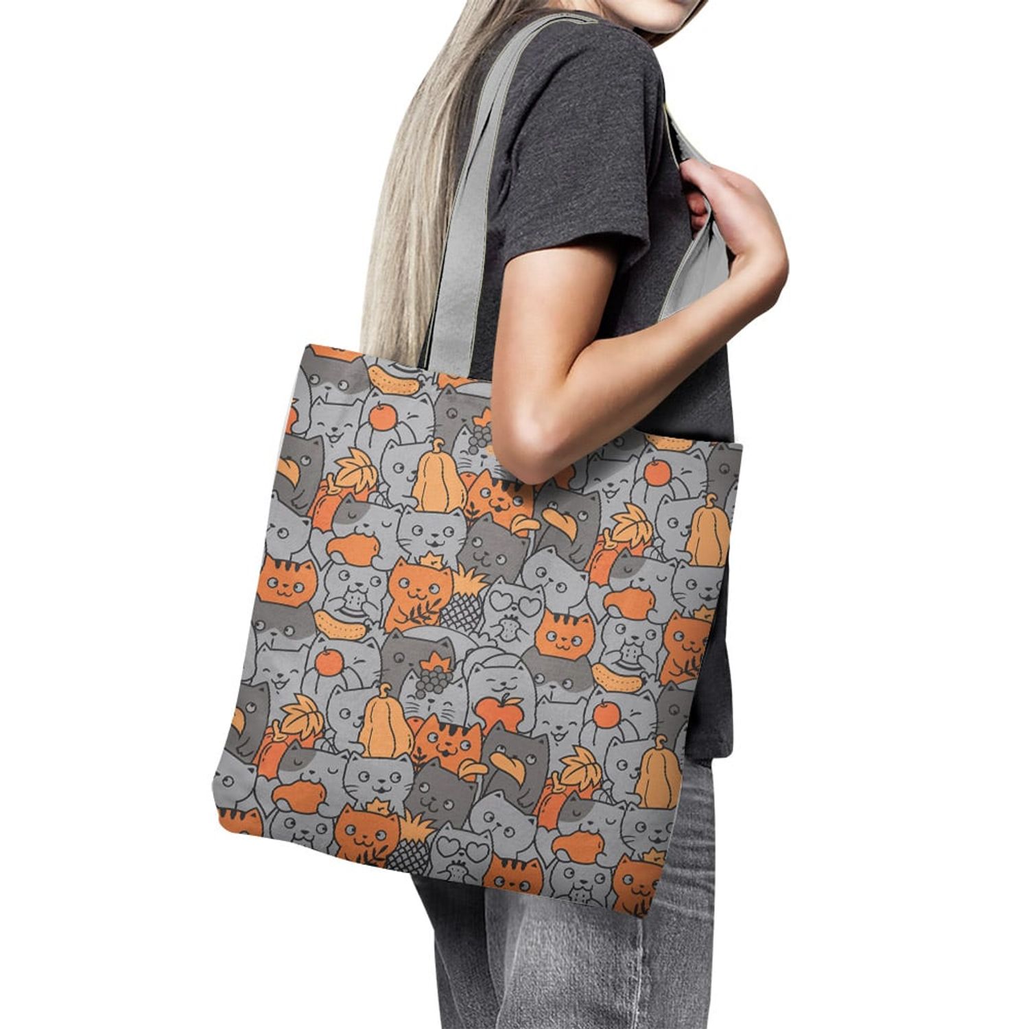 Geanta Handmade Tote Basic, Pisici cu Fructe, Multicolor, 43x37 cm fotografia produsului View 3 L