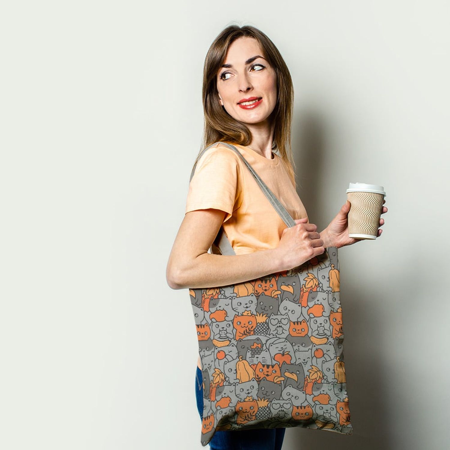 Geanta Handmade Tote Basic, Pisici cu Fructe, Multicolor, 43x37 cm fotografia produsului View 2 L