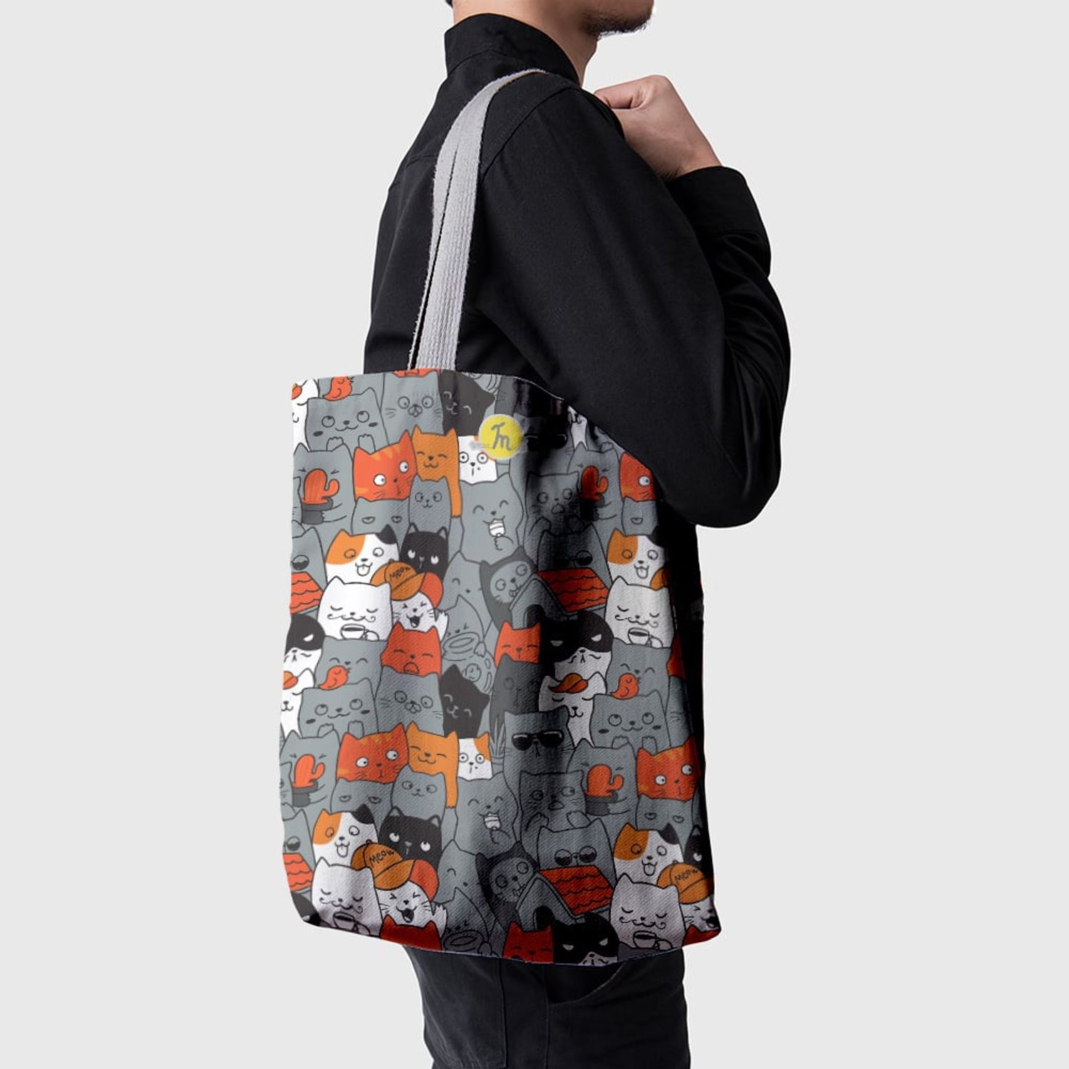 Geanta Handmade Tote Basic, Duminica cu Pisici, Multicolor, 43x37 cm fotografia produsului View 3 L