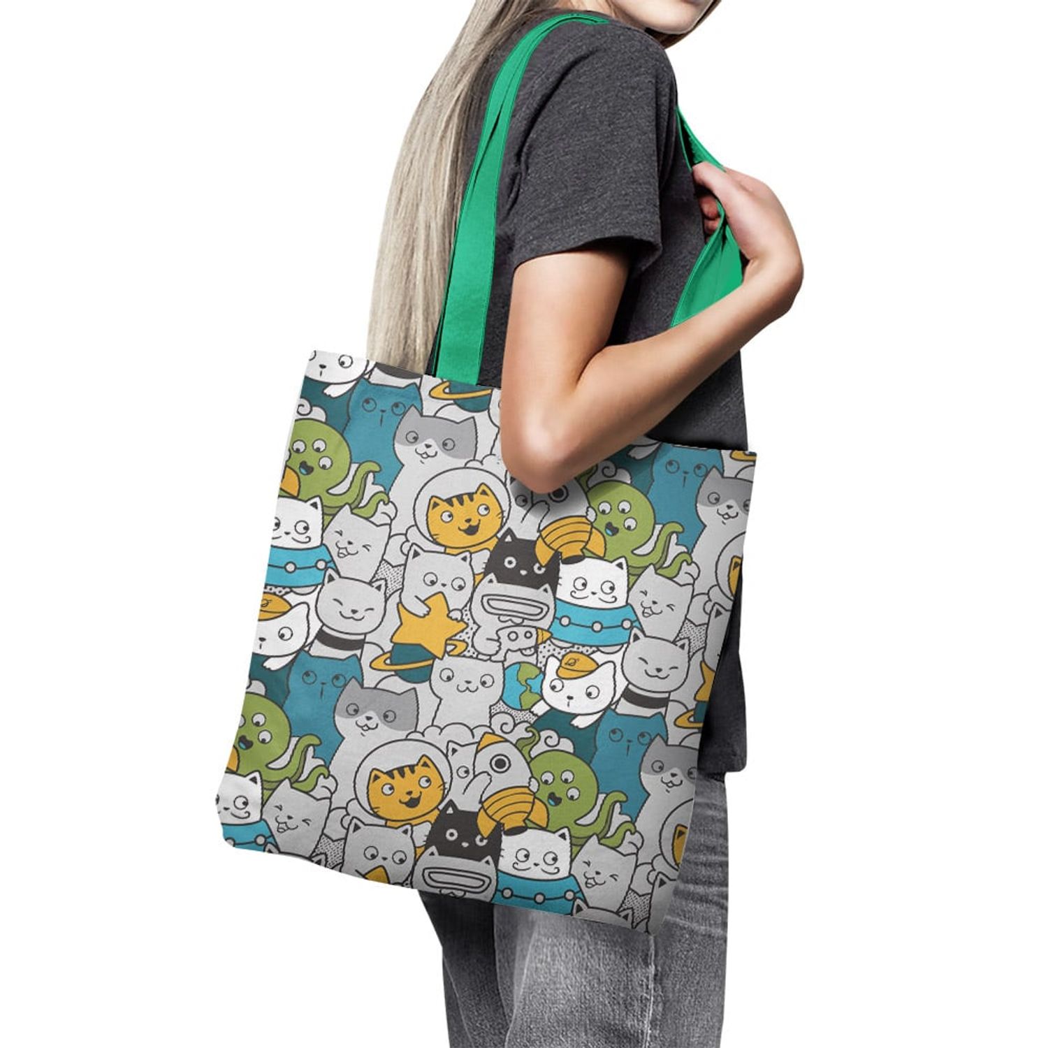 Geanta Handmade Tote Basic, Si Pisicile lucreaza la NASA, Multicolor, 43x37 cm fotografia produsului View 6 L