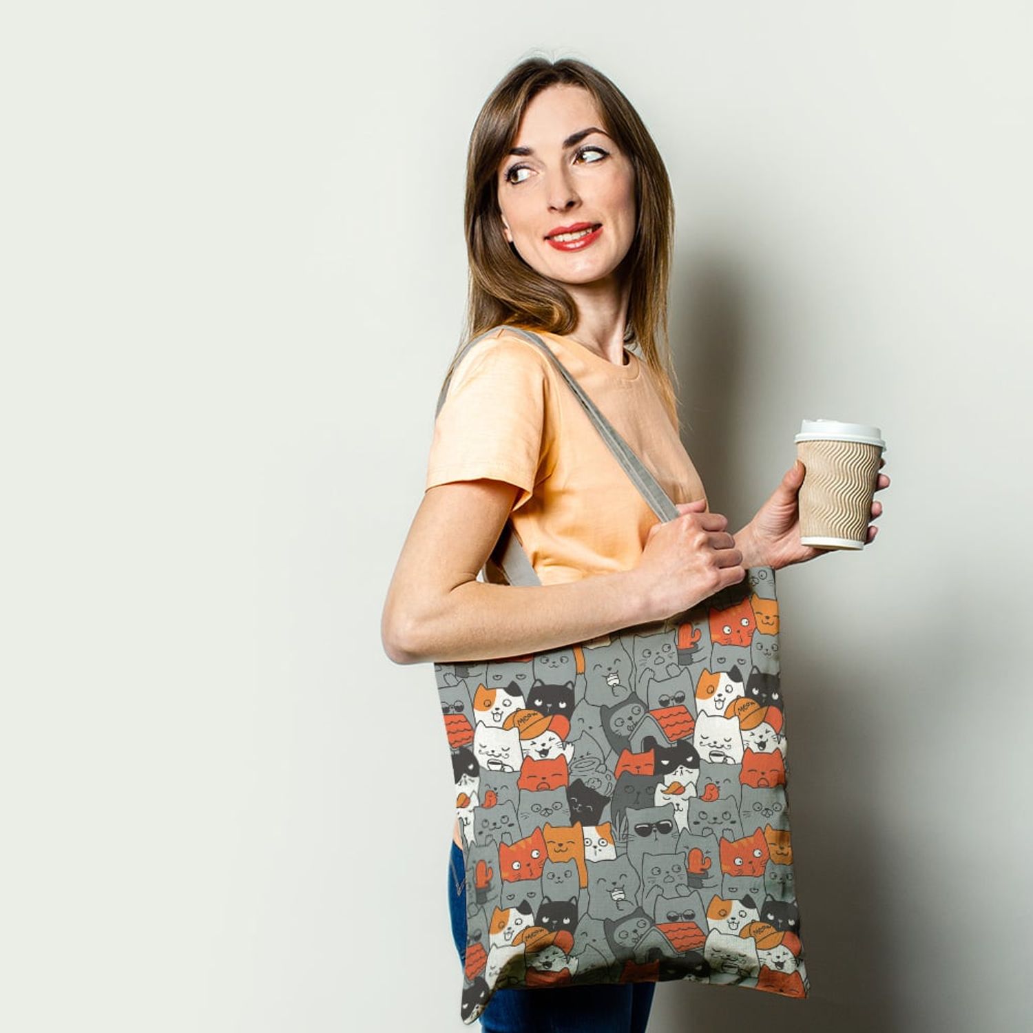 Geanta Handmade Tote Basic, Duminica cu Pisici, Multicolor, 43x37 cm fotografia produsului View 2 L
