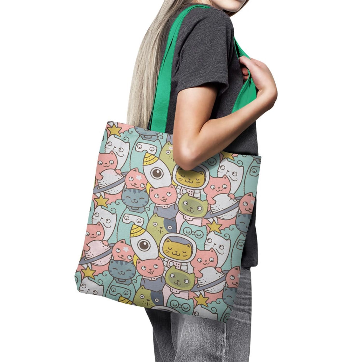 Geanta Handmade Tote Basic, Pisici in Spatiu, Multicolor, 43x37 cm fotografia produsului View 3 L