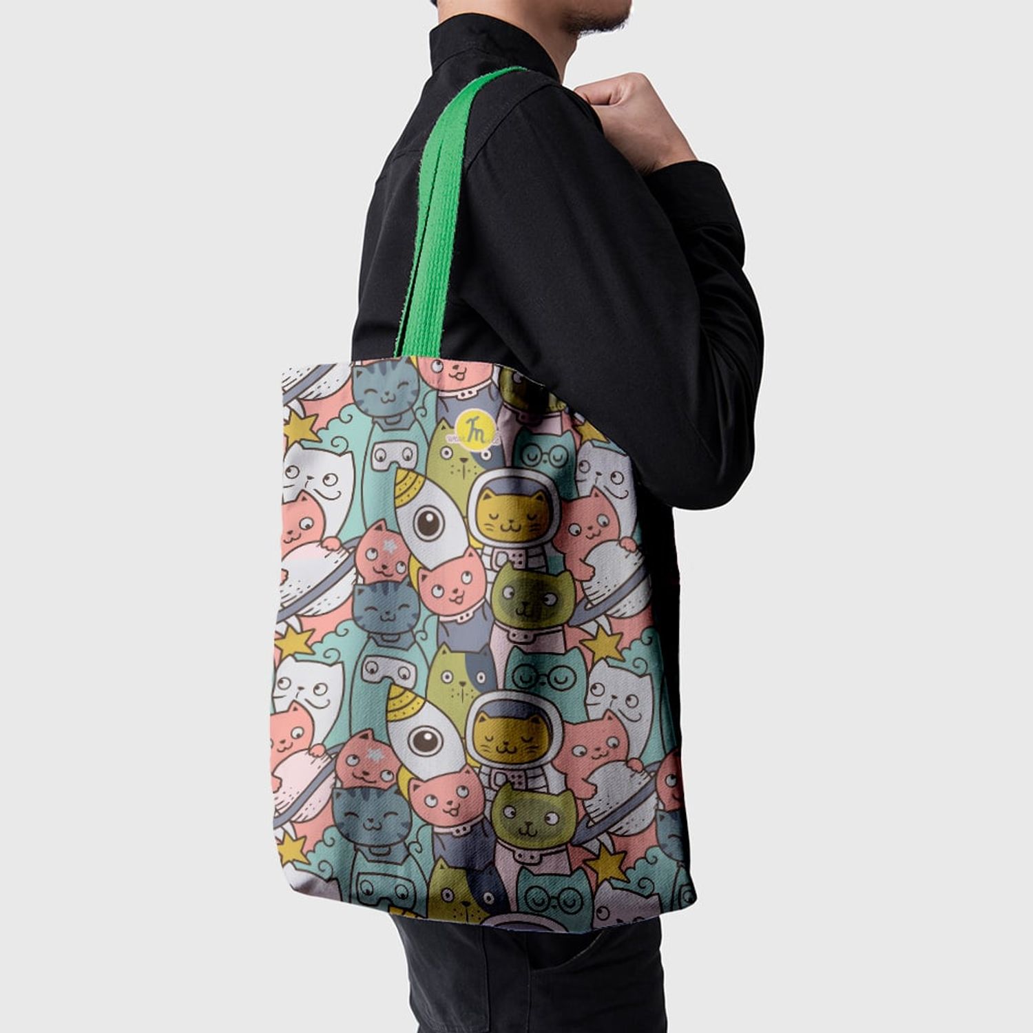 Geanta Handmade Tote Basic, Pisici in Spatiu, Multicolor, 43x37 cm fotografia produsului View 4 L