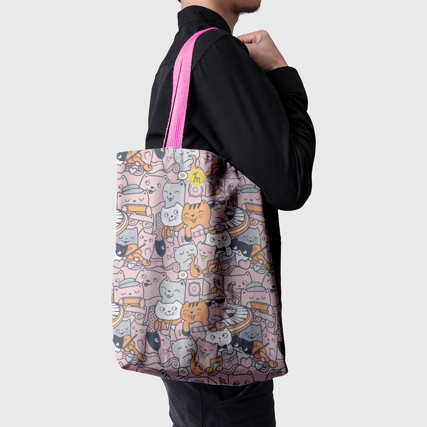 Geanta Handmade Tote Basic, Si Pisicile adora Muzica, Multicolor, 43x37 cm fotografia produsului View 4 L