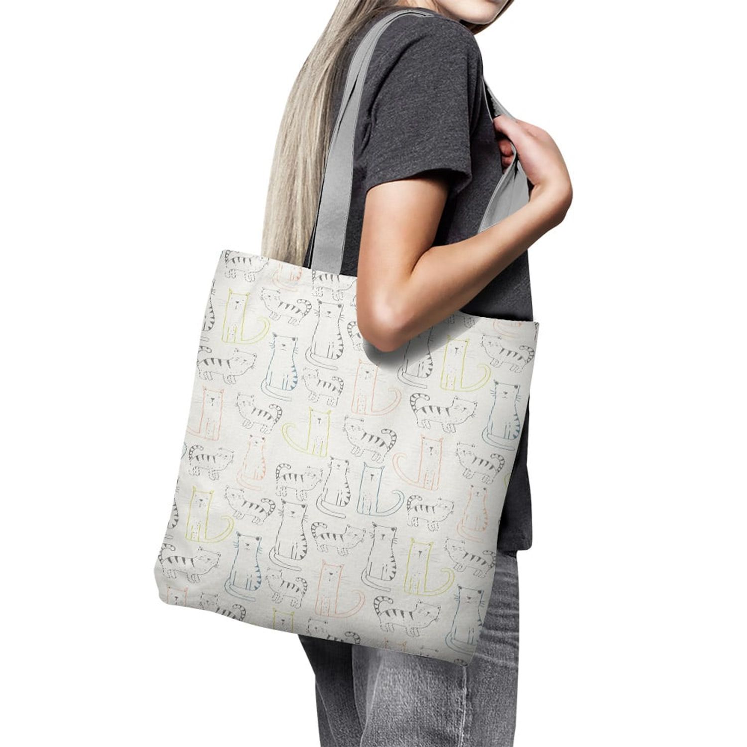 Geanta Handmade Tote Basic, Pisici Desenate de Copii, Multicolor, 43x37 cm fotografia produsului View 6 L