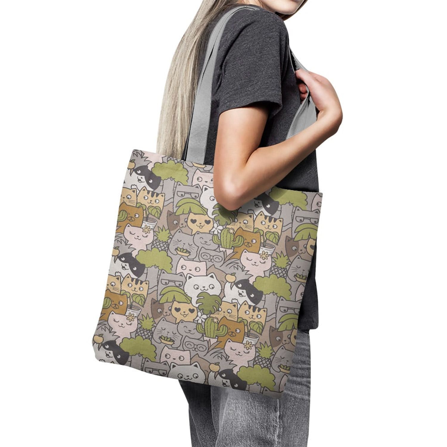 Geanta Handmade Tote Basic, Pisici si Plante, Multicolor, 43x37 cm fotografia produsului View 5 L
