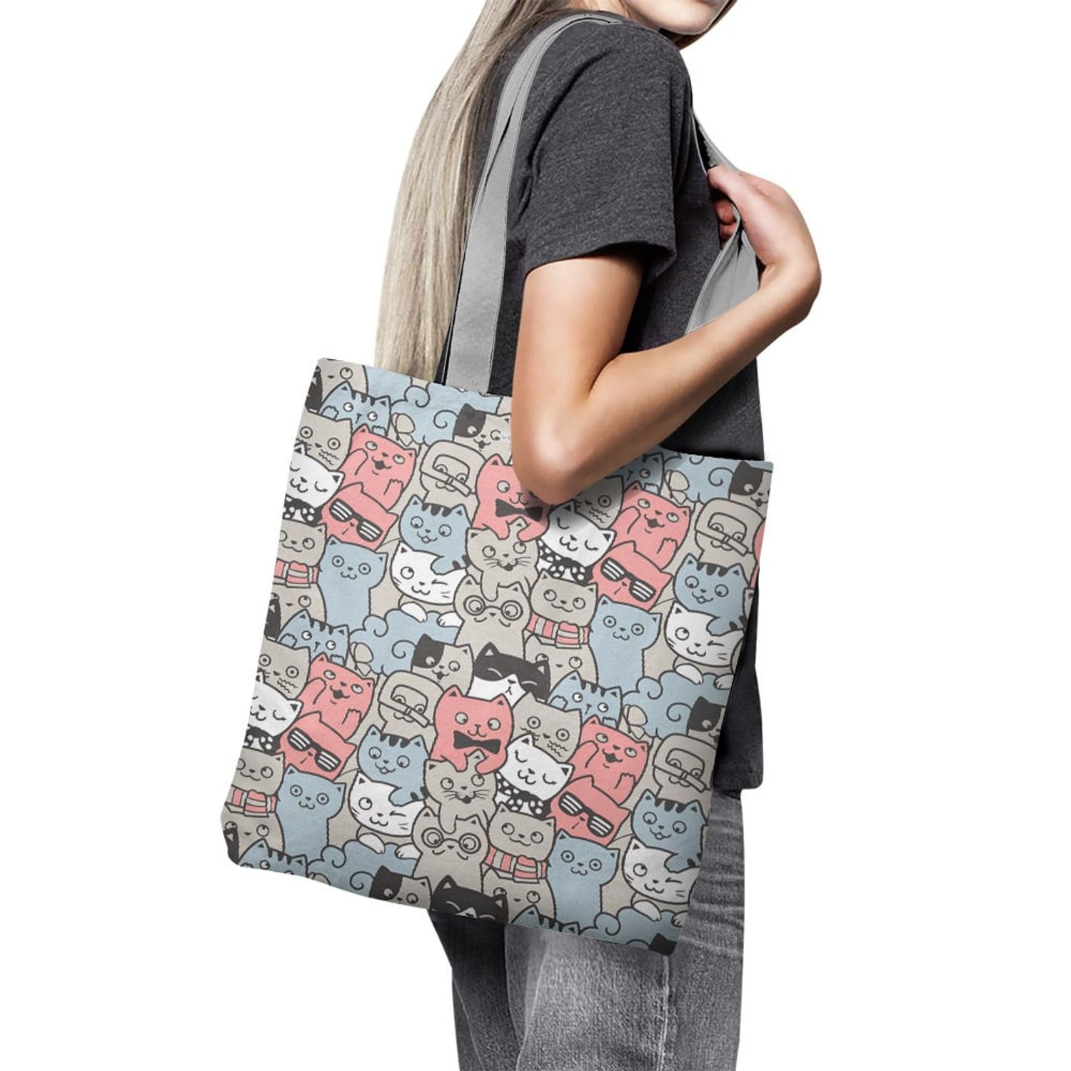 Geanta Handmade Tote Basic, Pisici la Moda, Multicolor, 43x37 cm fotografia produsului View 4 L