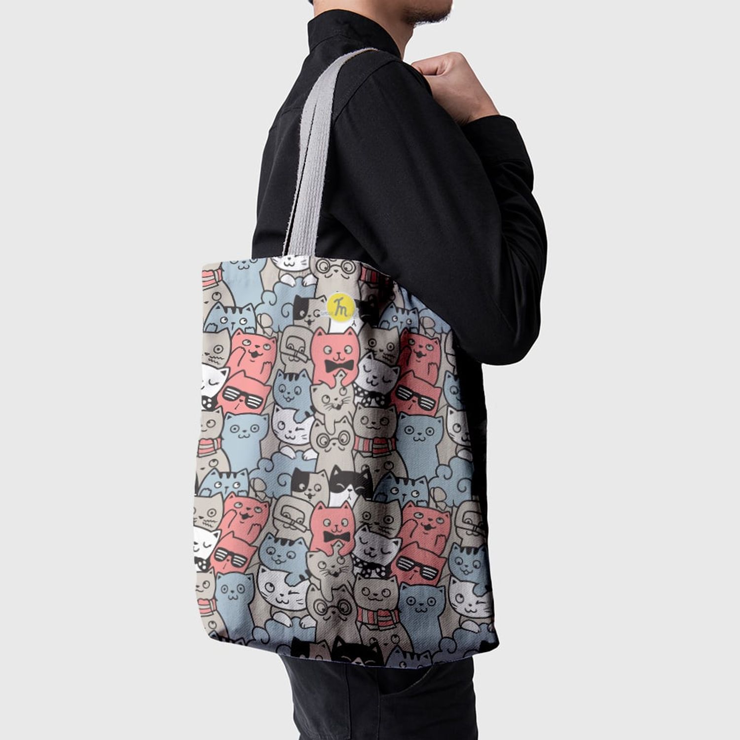 Geanta Handmade Tote Basic, Pisici la Moda, Multicolor, 43x37 cm fotografia produsului View 6 L