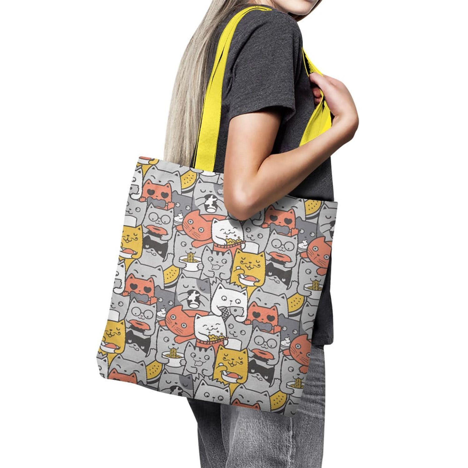 Geanta Handmade Tote Basic, Pisici Pofticioase, Multicolor, 43x37 cm fotografia produsului View 4 L