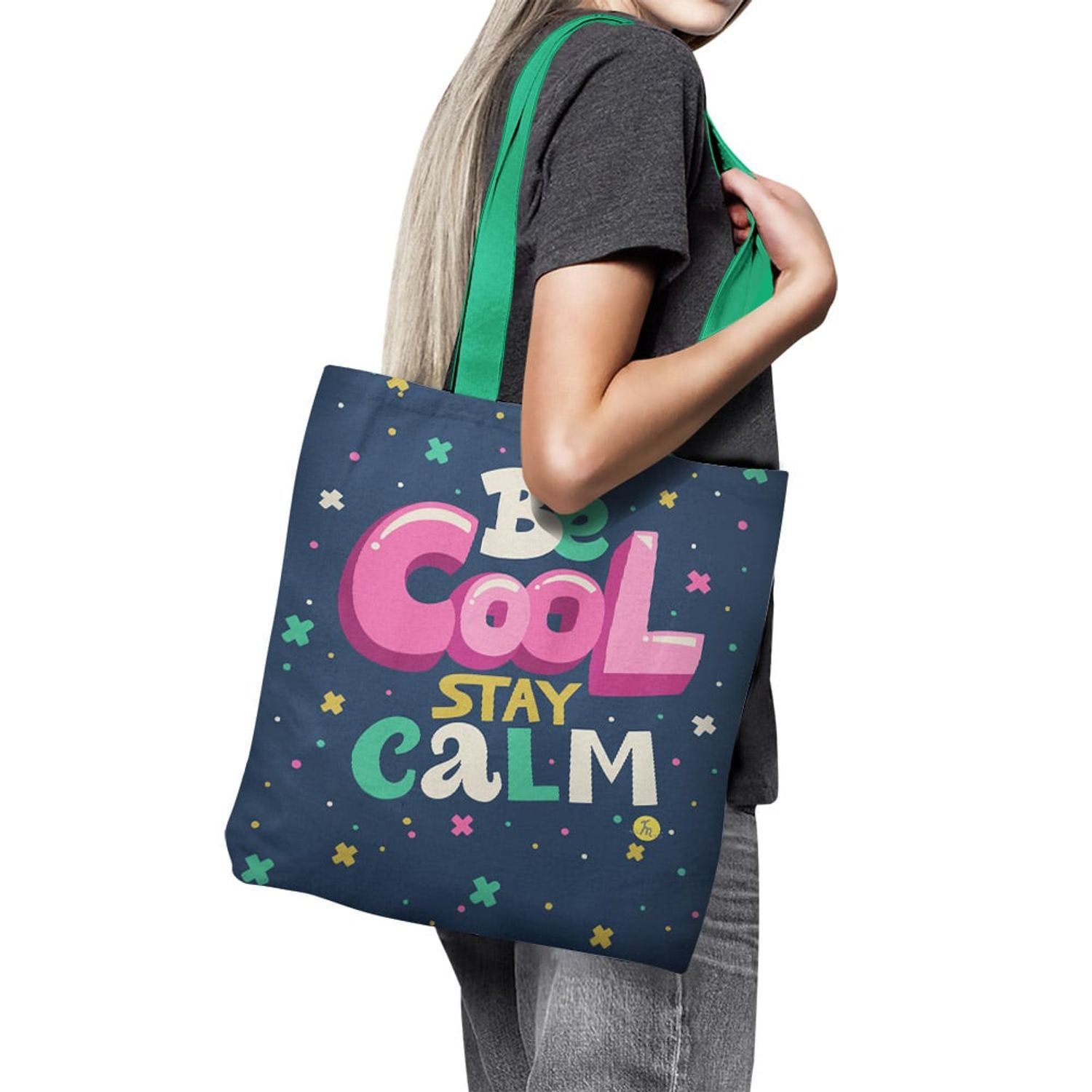 Geanta Handmade Tote Basic, Motto Fii Calm, Multicolor, 43x37 cm fotografia produsului View 6 L