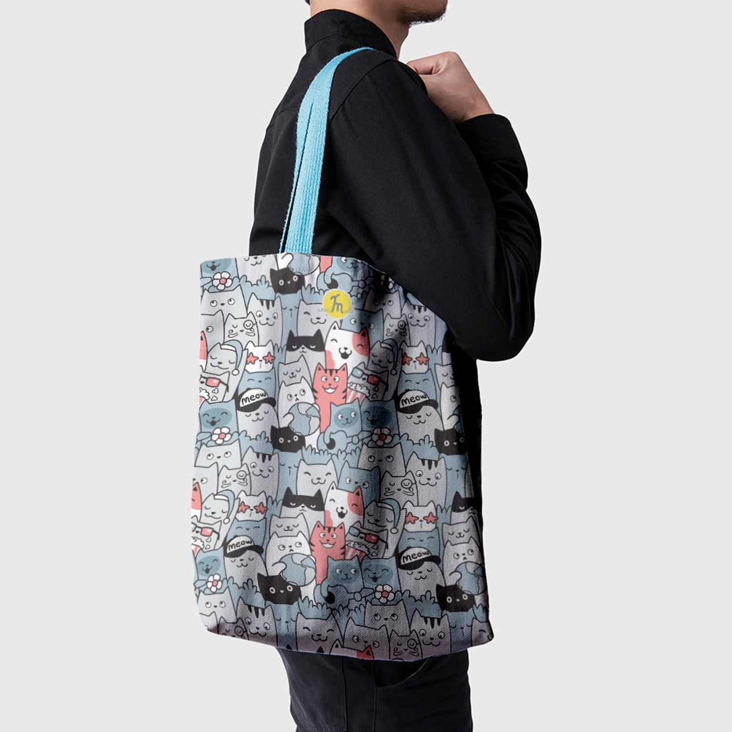 Geanta Handmade Tote Basic, O Multime Pisici Fericite, Multicolor, 43x37 cm fotografia produsului View 3 L
