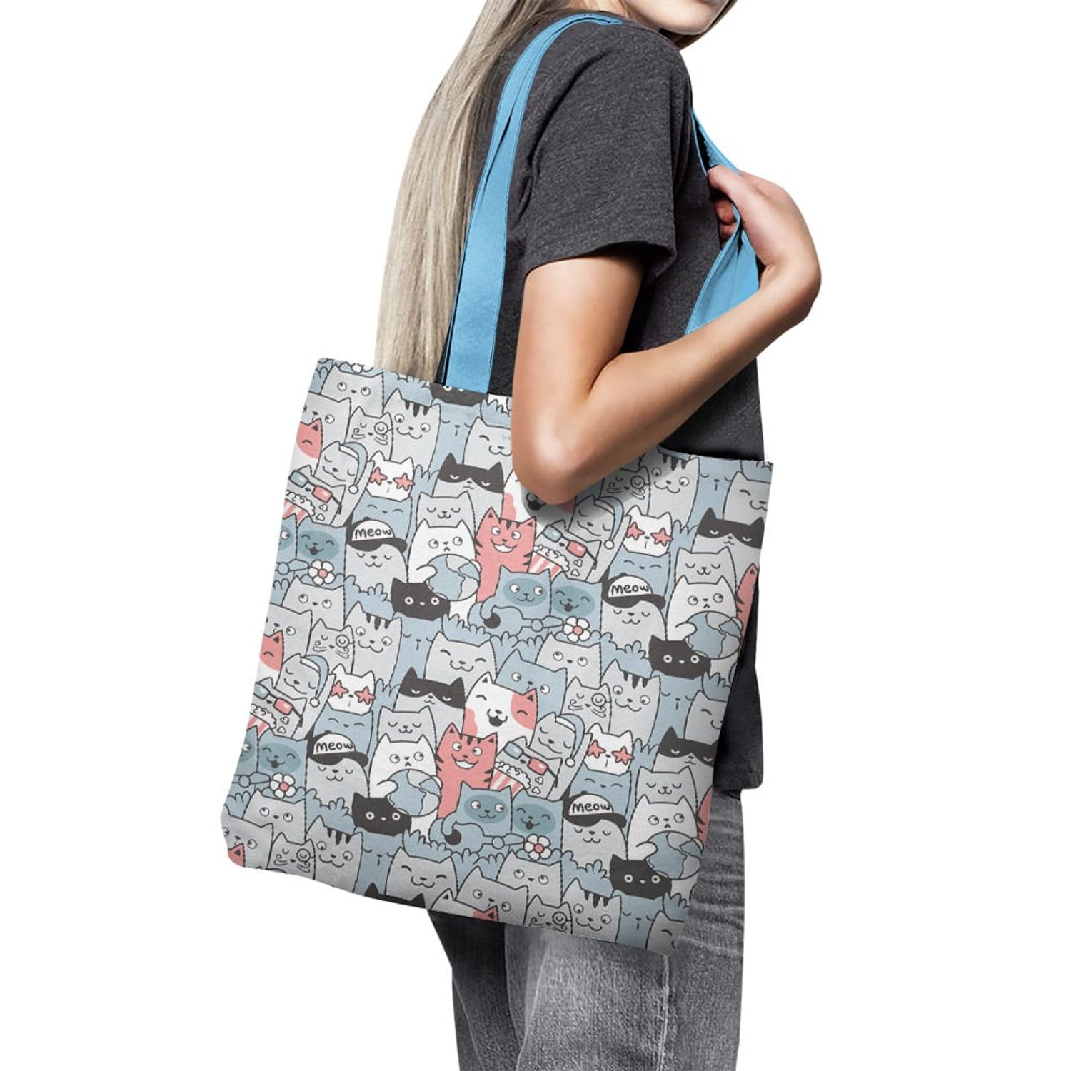 Geanta Handmade Tote Basic, O Multime Pisici Fericite, Multicolor, 43x37 cm fotografia produsului View 4 L
