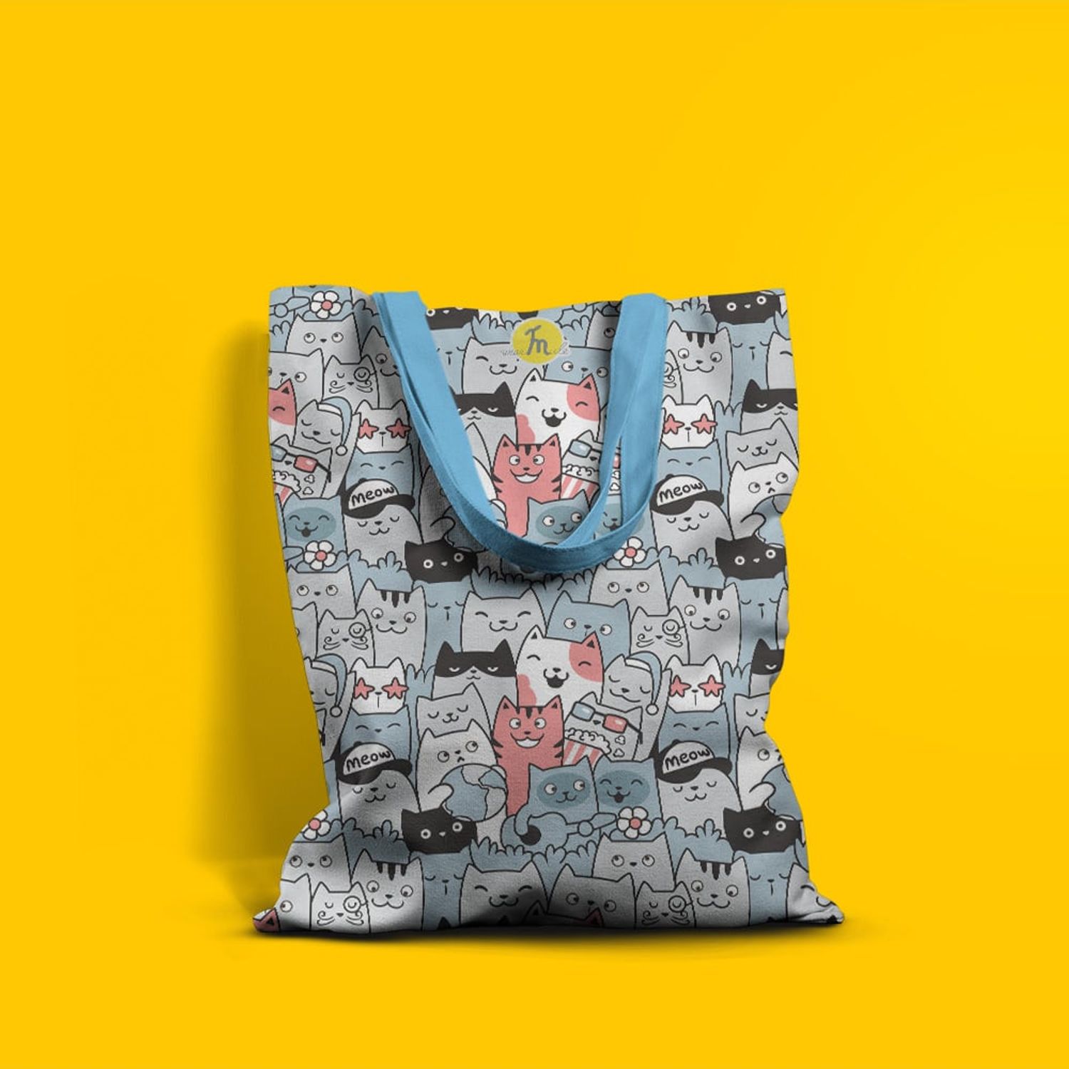 Geanta Handmade Tote Basic, O Multime Pisici Fericite, Multicolor, 43x37 cm fotografia produsului View 5 L