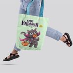 Geanta Handmade Tote Basic, Mulewear, Halloween Pisica la Colindat, Multicolor, 43x37 cm fotografia produsului View 3 S