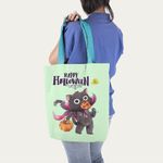 Geanta Handmade Tote Basic, Mulewear, Halloween Pisica la Colindat, Multicolor, 43x37 cm fotografia produsului View 6 S