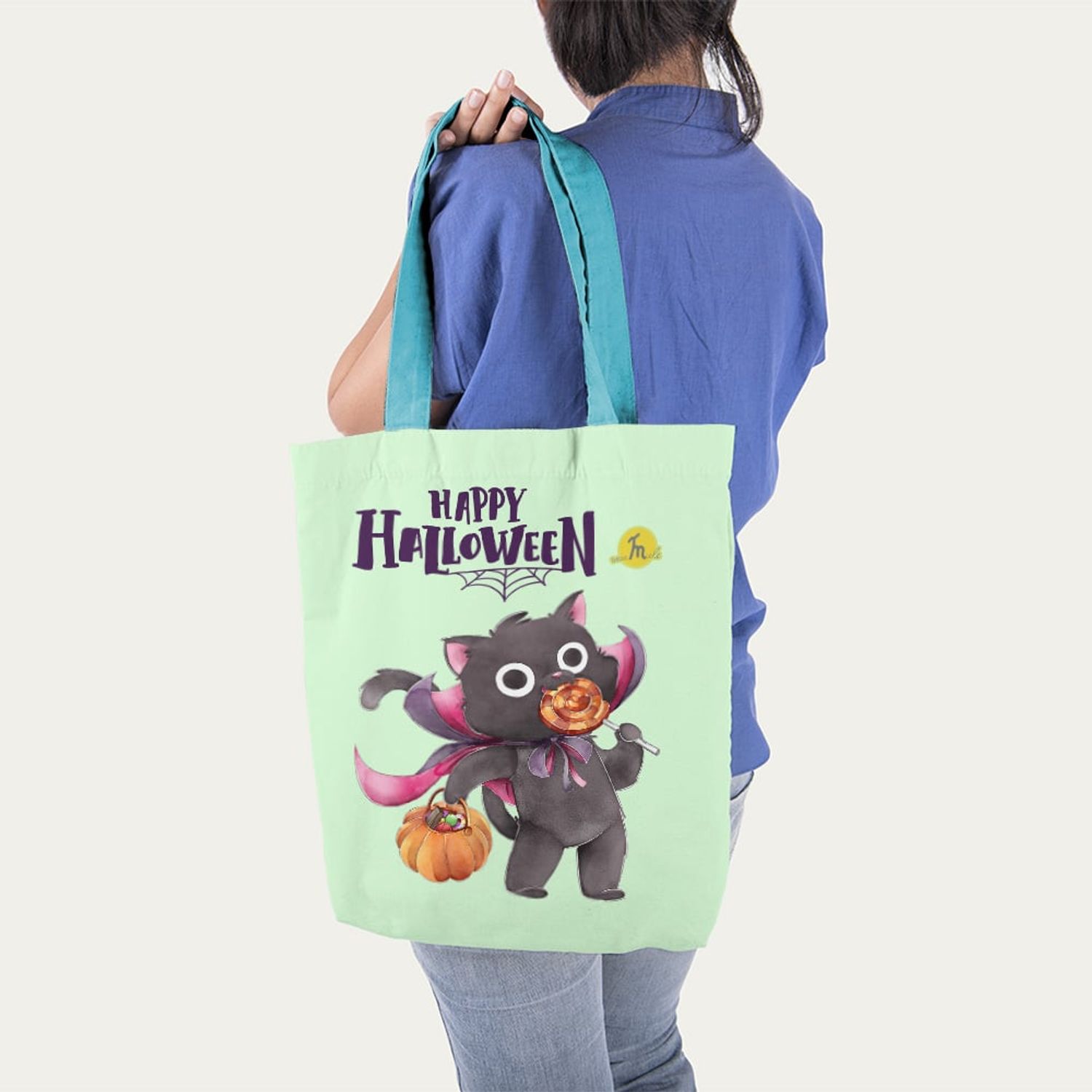 Geanta Handmade Tote Basic, Mulewear, Halloween Pisica la Colindat, Multicolor, 43x37 cm fotografia produsului View 6 L