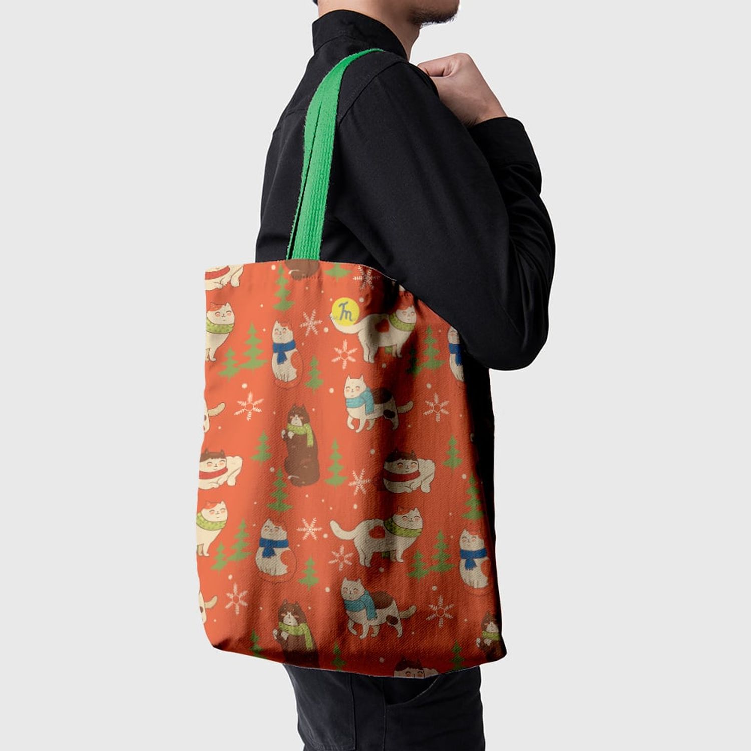 Geanta Handmade Tote Basic, Pisici cu Fular si Fulgi de Nea, Multicolor, 43x37 cm fotografia produsului View 3 L